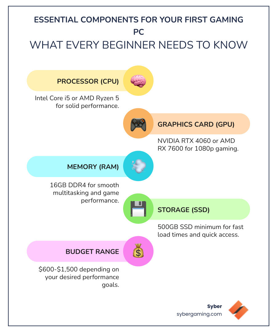 Essential components breakdown for gaming desktop beginners showing CPU, GPU, RAM, storage, motherboard, and power supply with recommended specs for entry-level gaming - gaming desktop for beginners infographic infographic-line-5-steps-colors