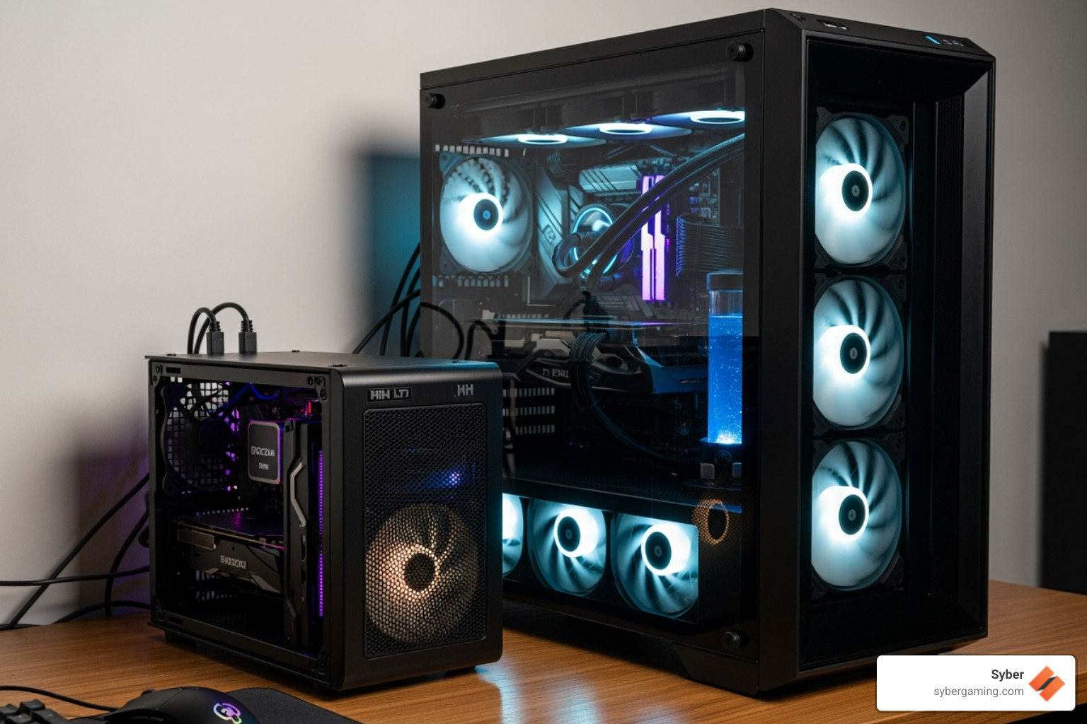 A compact Mini-ITX Syber gaming PC in a small form factor case next to a large, imposing full-tower Syber gaming PC, illustrating the size difference and design versatility - coolest pc cases
