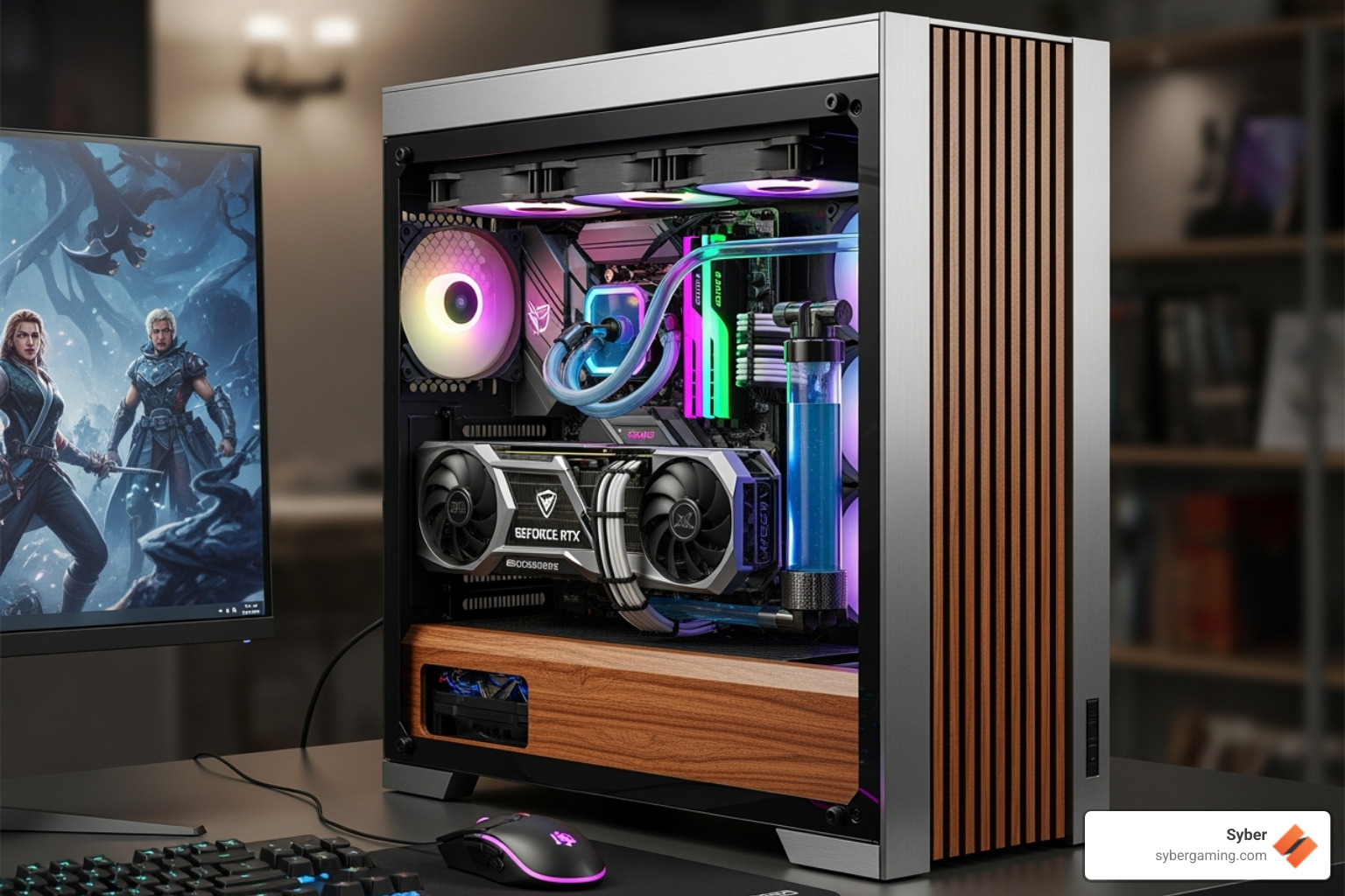 A Syber PC case featuring a sleek design with unique wood accents on the front panel, showcasing a blend of natural aesthetics and modern technology - coolest pc cases