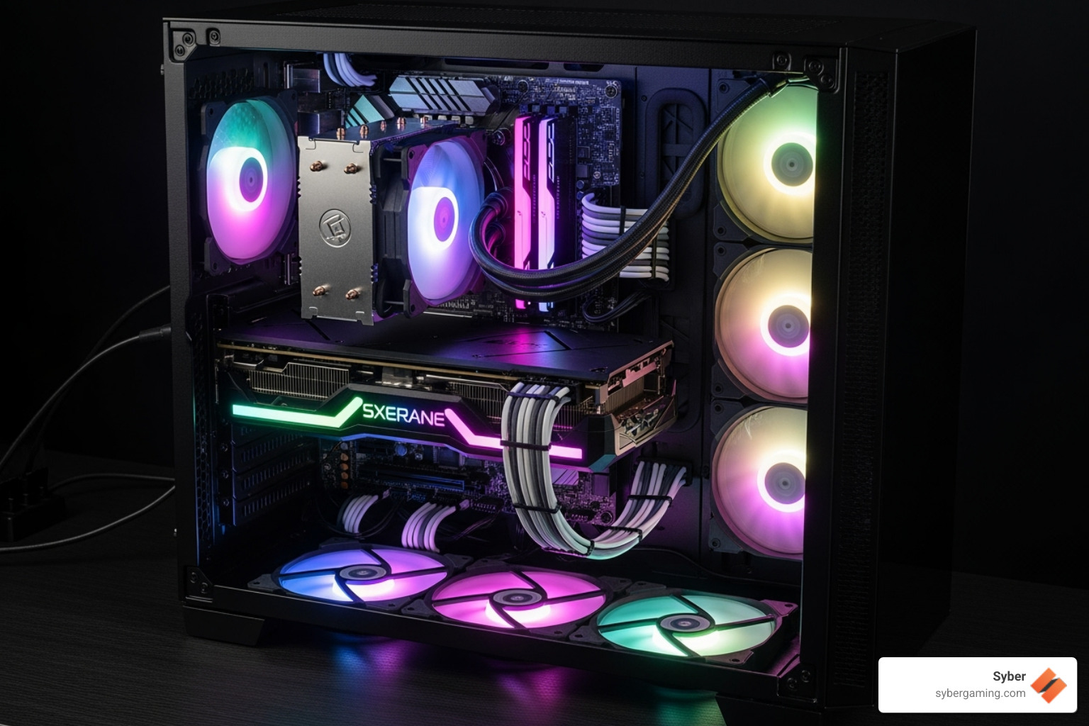 A stunning, fully-built Syber gaming PC with its side panel removed, showcasing the clean cable management, organized components, and dynamic interior lighting - coolest pc cases