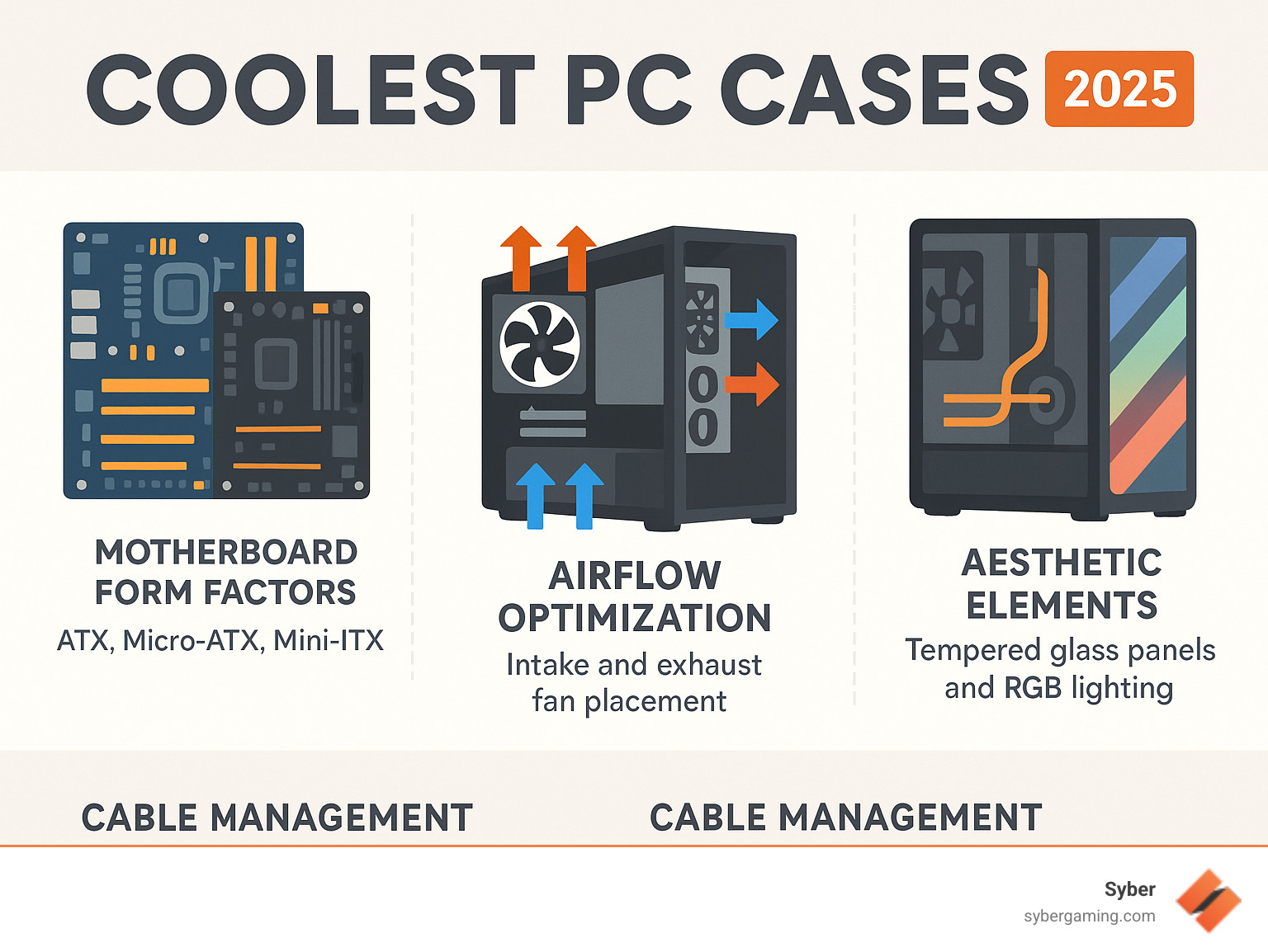 Detailed infographic showing PC case selection criteria including motherboard form factors (ATX, Micro-ATX, Mini-ITX), airflow optimization with intake and exhaust fan placement, cable management features like PSU shrouds and routing holes, and aesthetic elements such as tempered glass panels and RGB lighting zones - coolest pc cases infographic 