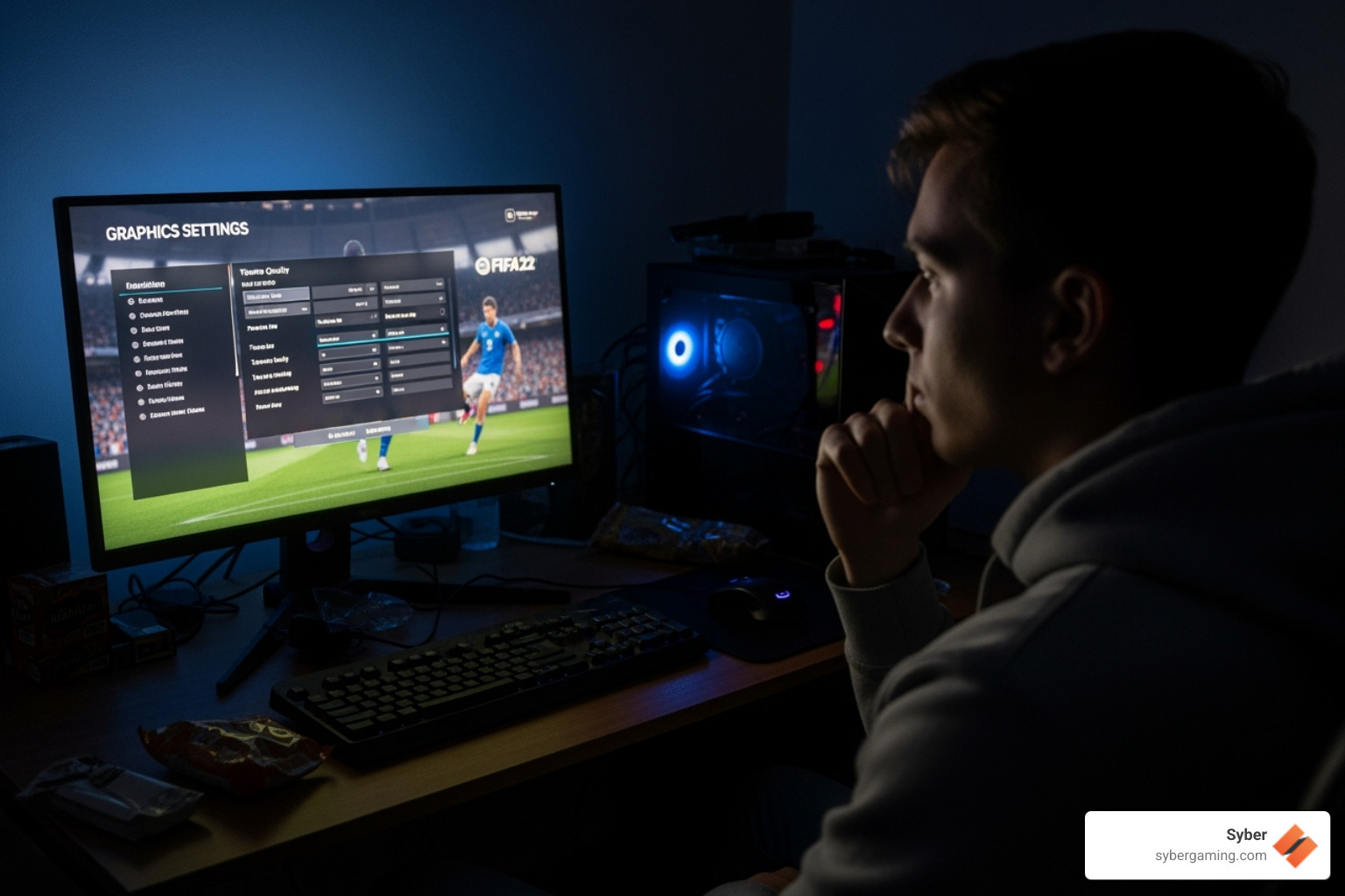 User looking at the FIFA 22 graphics settings menu on their monitor - fifa 22 recommended specs