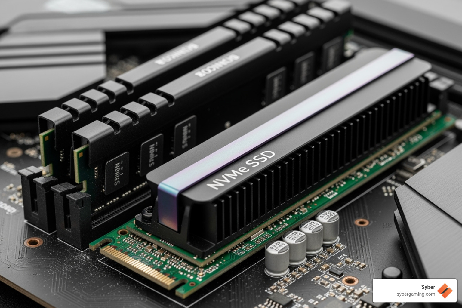 RAM sticks and an NVMe SSD on a motherboard - 1080p streaming PC