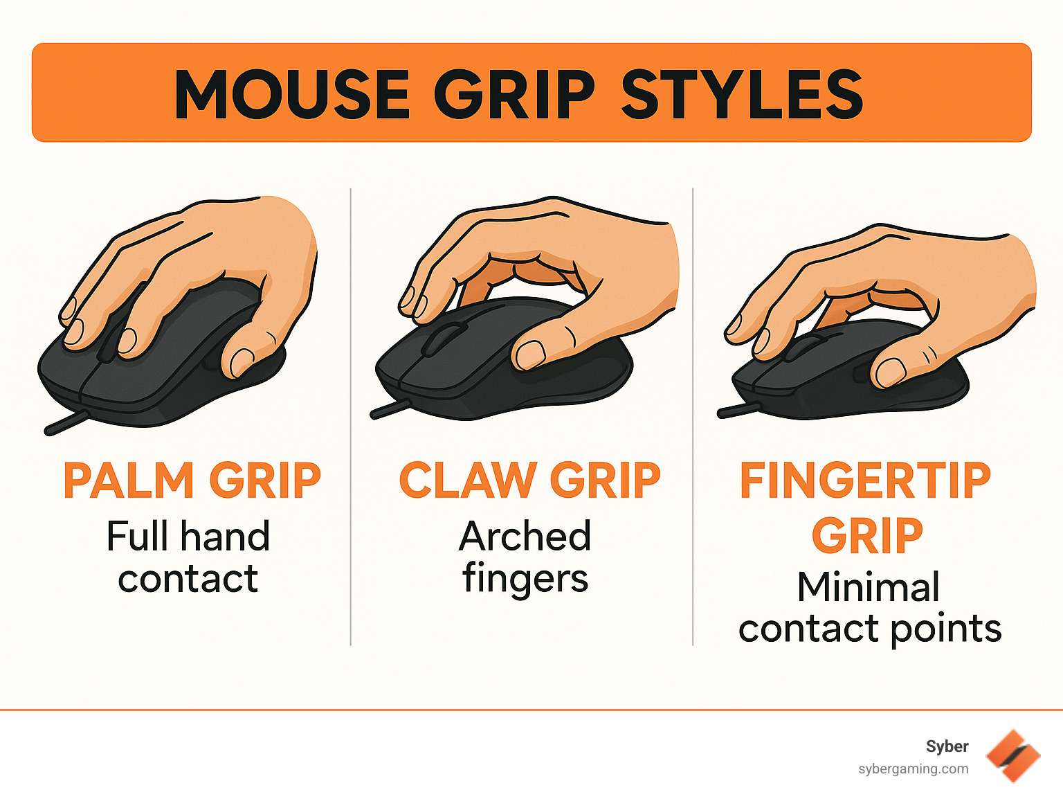 Infographic showing three hand positions demonstrating palm grip with full hand contact, claw grip with arched fingers, and fingertip grip with minimal contact points on a gaming mouse - mouse grip styles infographic 