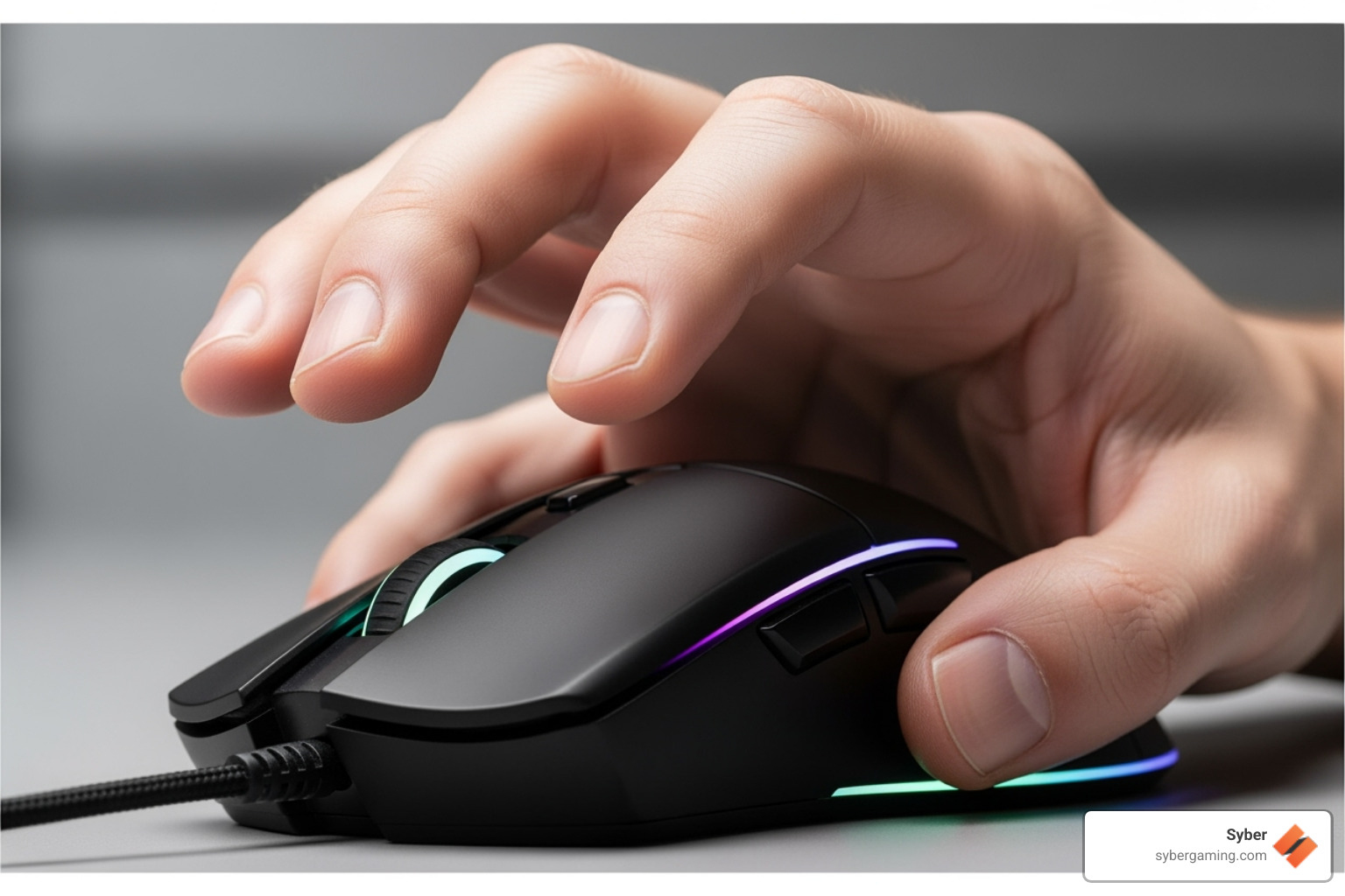 A hand using the fingertip grip on a gaming mouse, showing minimal contact points and finger-only control - mouse grip styles