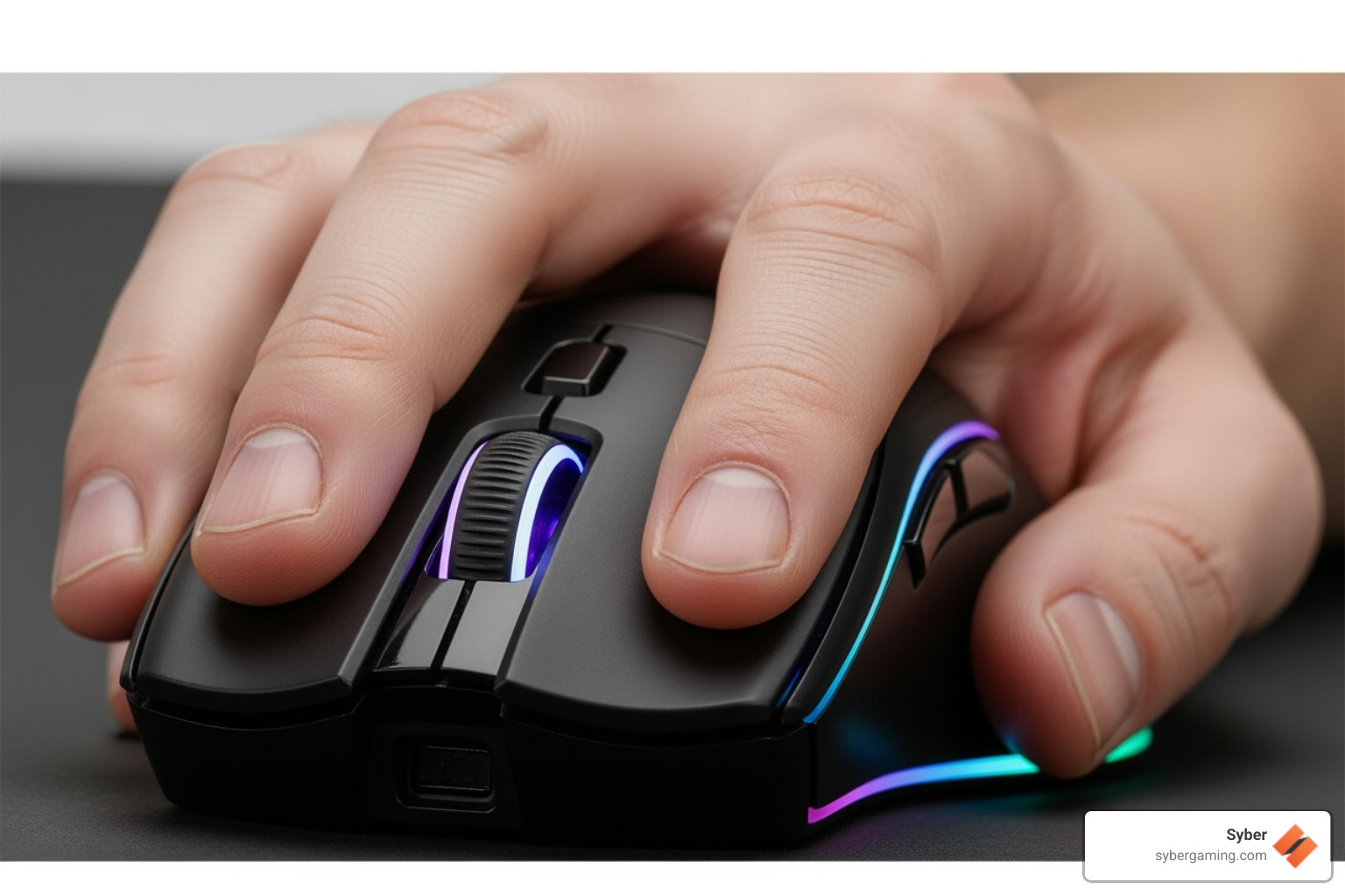 A hand using the palm grip on a gaming mouse, showing full palm and finger contact - mouse grip styles