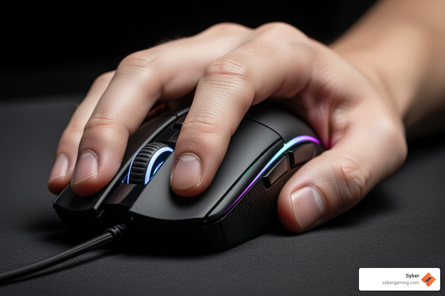 A hand using the claw grip on a gaming mouse, showing arched fingers and palm base contact - mouse grip styles
