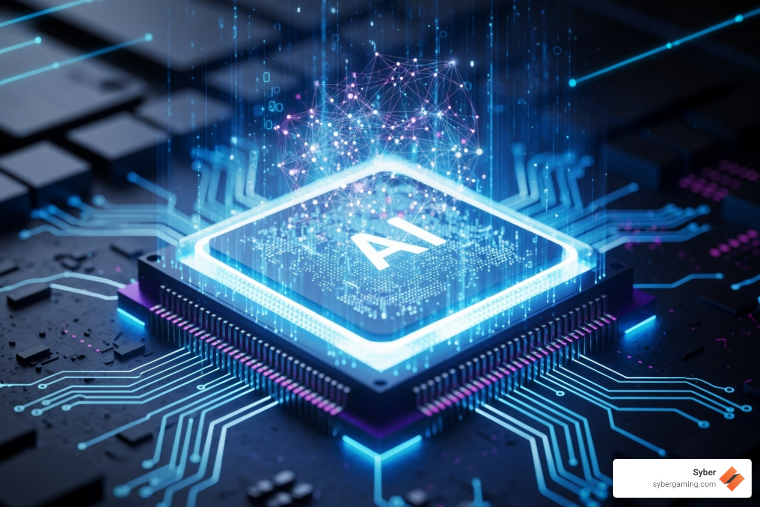 A futuristic AI-themed graphic overlayed on a glowing PC component, symbolizing advanced technology - Best custom PC builder