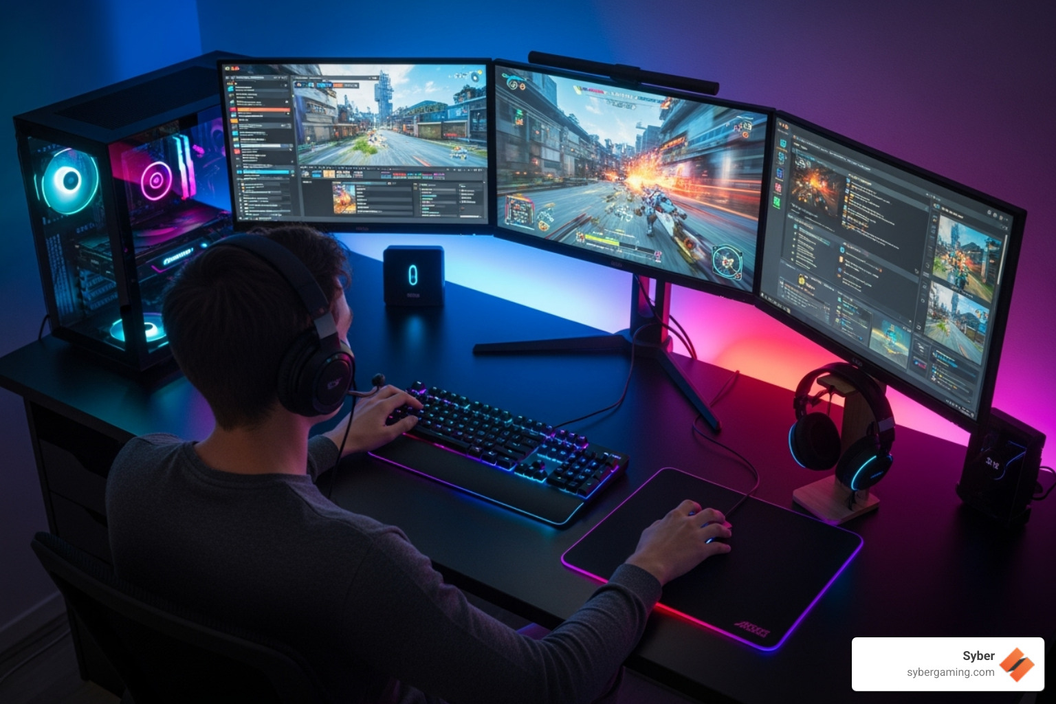 A person  gaming on a high-performance desktop PC, surrounded by gaming peripherals and multiple monitors - Best custom PC builder