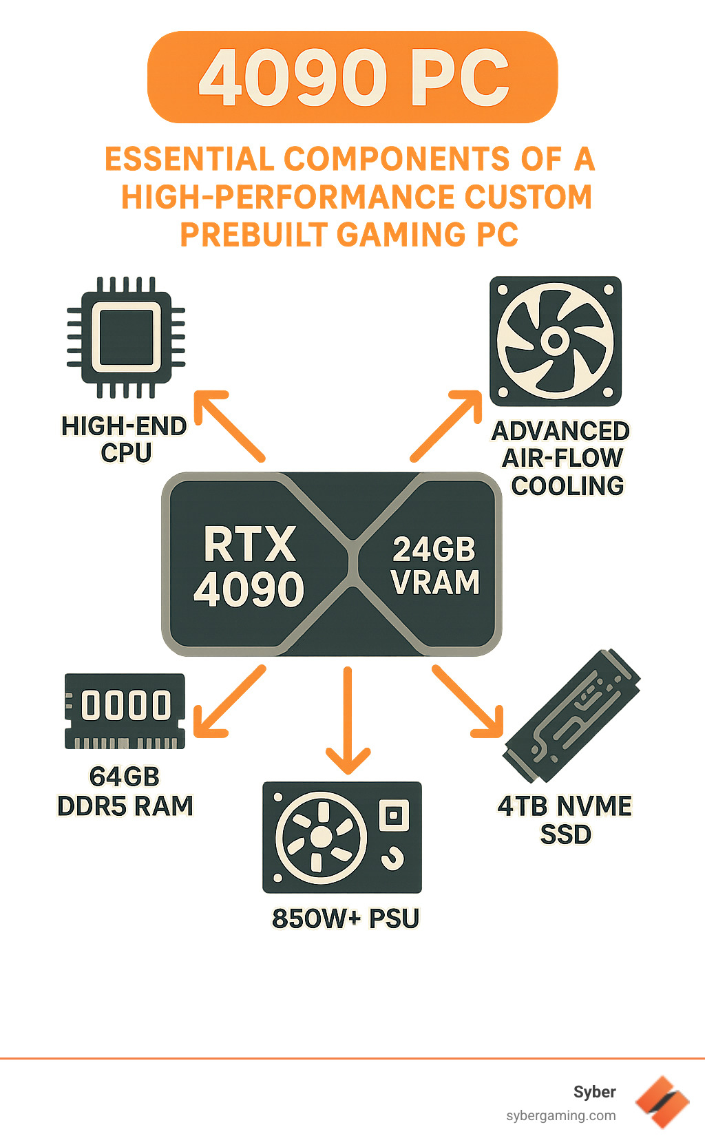 Infographic showing the essential components of a high performance custom prebuilt gaming PC: RTX 4090 GPU with 24GB VRAM at the center, connected to high-end CPU, 64GB DDR5 RAM, 4TB NVMe SSD storage, 850W+ PSU, and advanced air-flow cooling system, with arrows indicating optimal component synergy for maximum gaming performance - 4090 pc infographic Infographic showing the essential components of a high performance custom prebuilt gaming PC: RTX 4090 GPU with 24GB VRAM at the center, connected to high-end CPU, 64GB DDR5 RAM, 4TB NVMe SSD storage, 850W+ PSU, and advanced air-flow cooling system, with arrows indicating optimal component synergy for maximum gaming performance - 4090 pc infographic