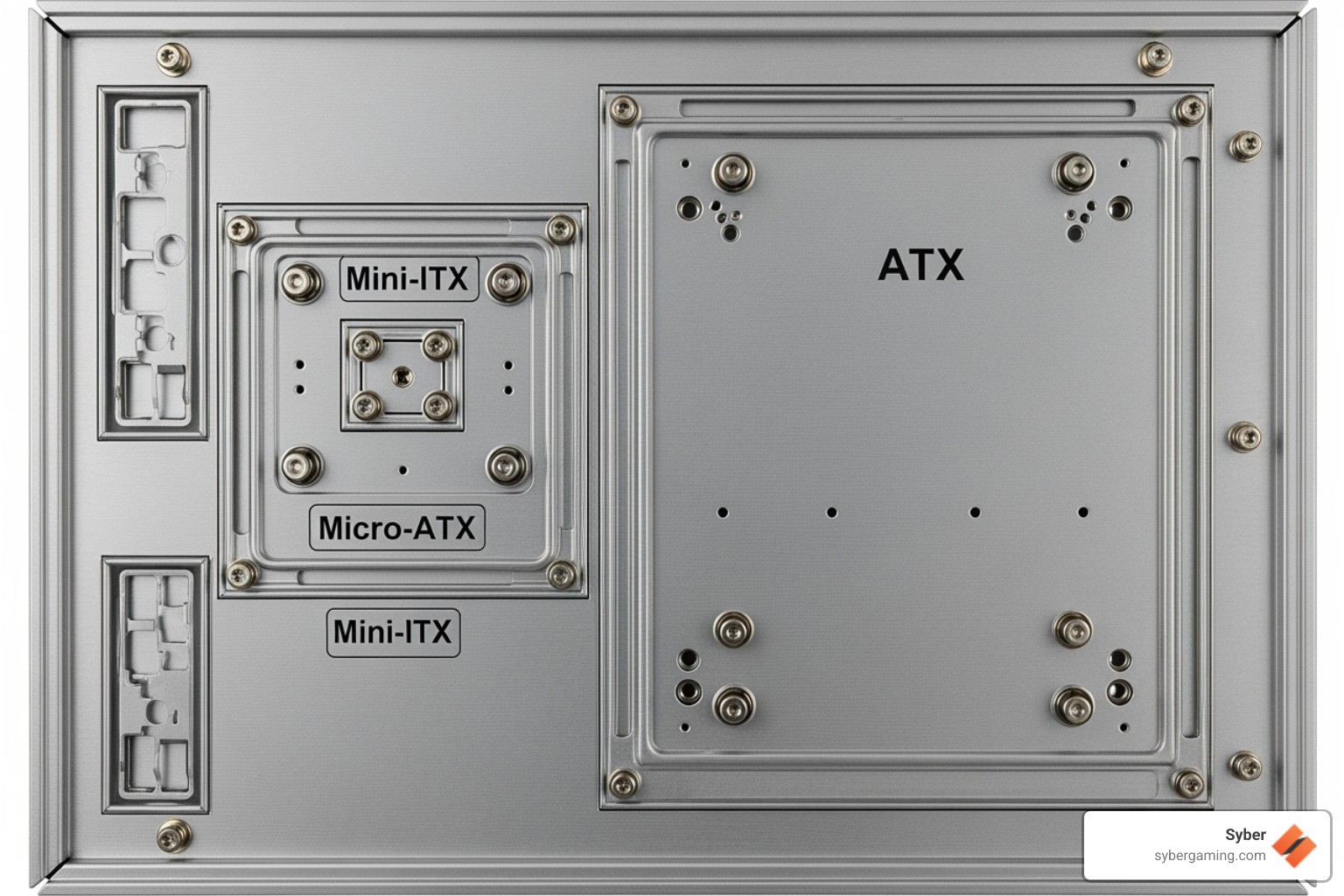 Image of a motherboard tray with labeled standoff locations for ATX, mATX, and ITX - atx case motherboard compatibility