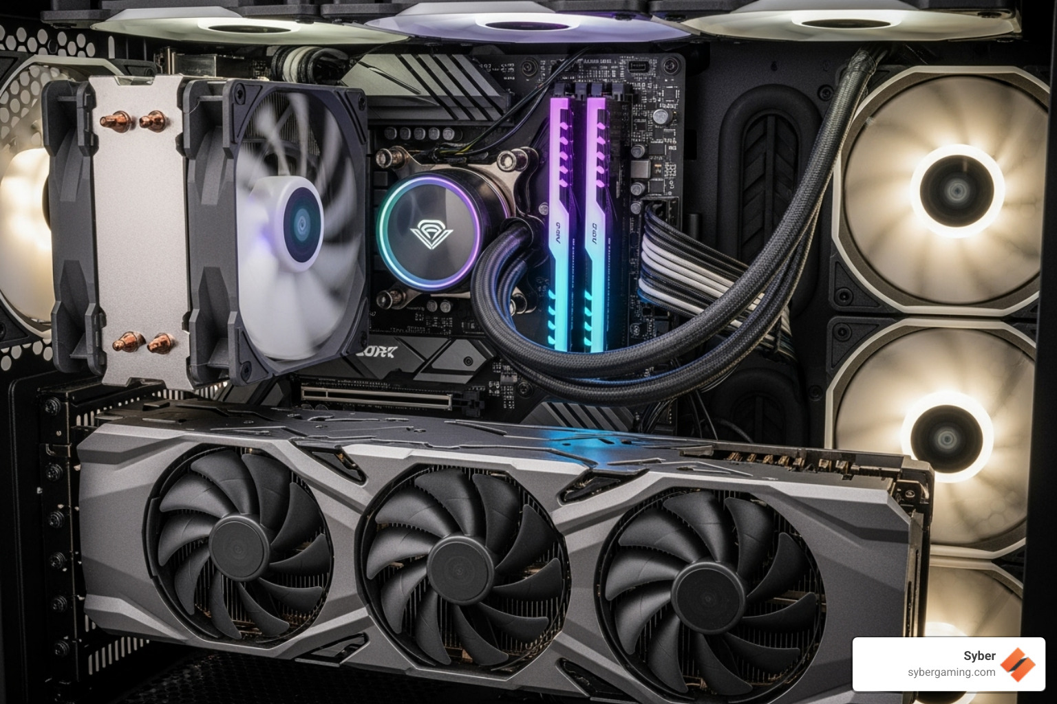 Image illustrating GPU length and CPU air cooler height clearance inside a PC case - atx case motherboard compatibility