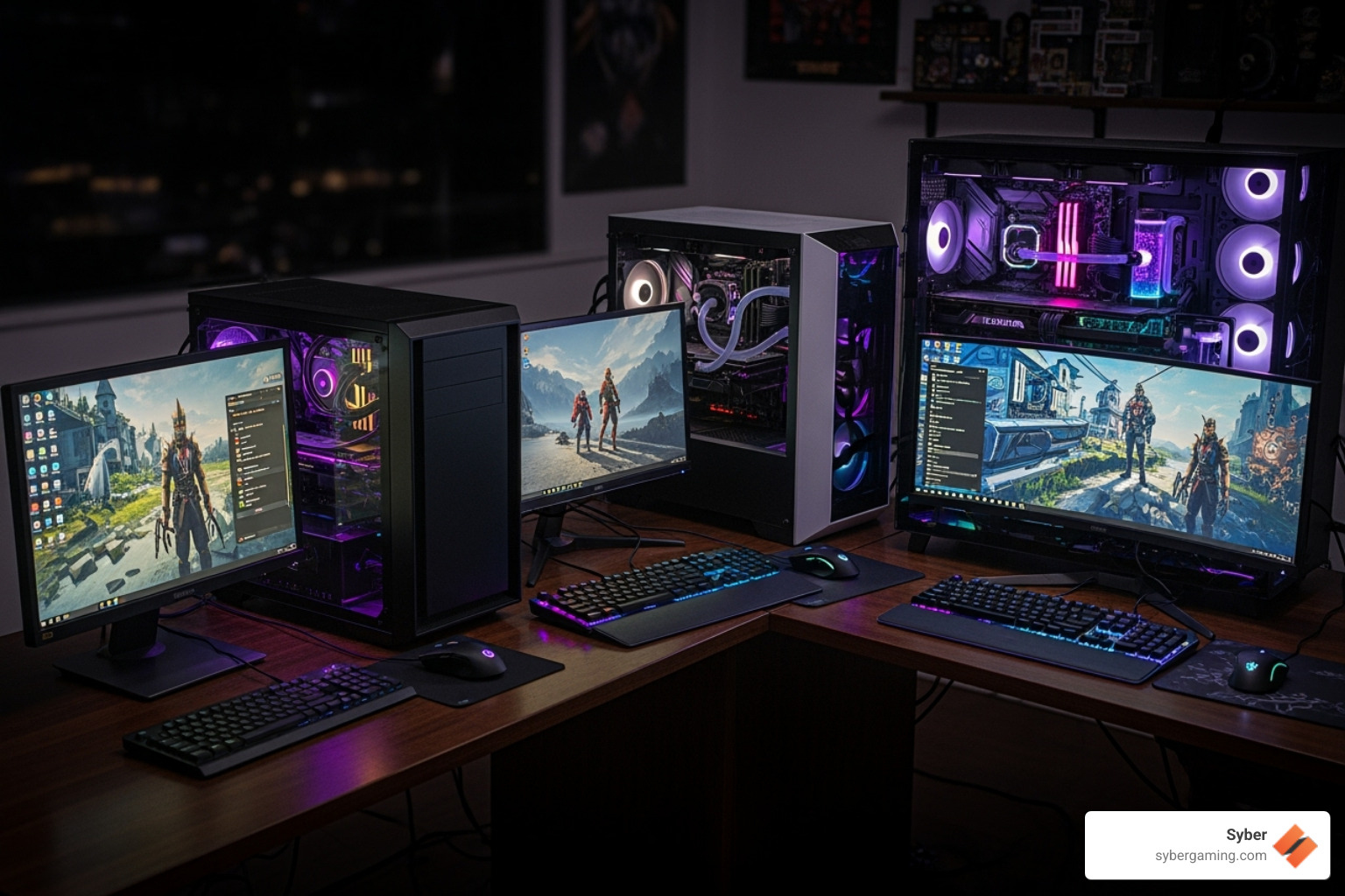 three distinct gaming PCs lined up, representing different tiers - value gaming desktop three distinct gaming PCs lined up, representing different tiers - value gaming desktop