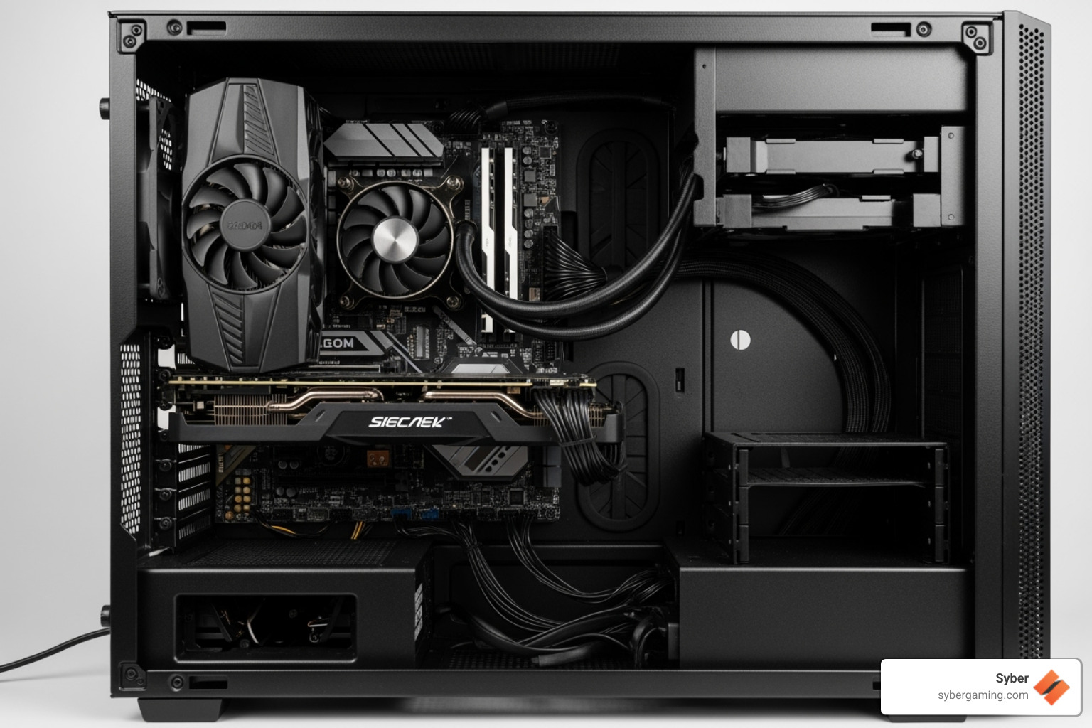 A cube style PC case interior showing a large graphics card vertically mounted, a substantial CPU air cooler, and clearly separated chambers for the motherboard and PSU/drives. - cube style pc cases