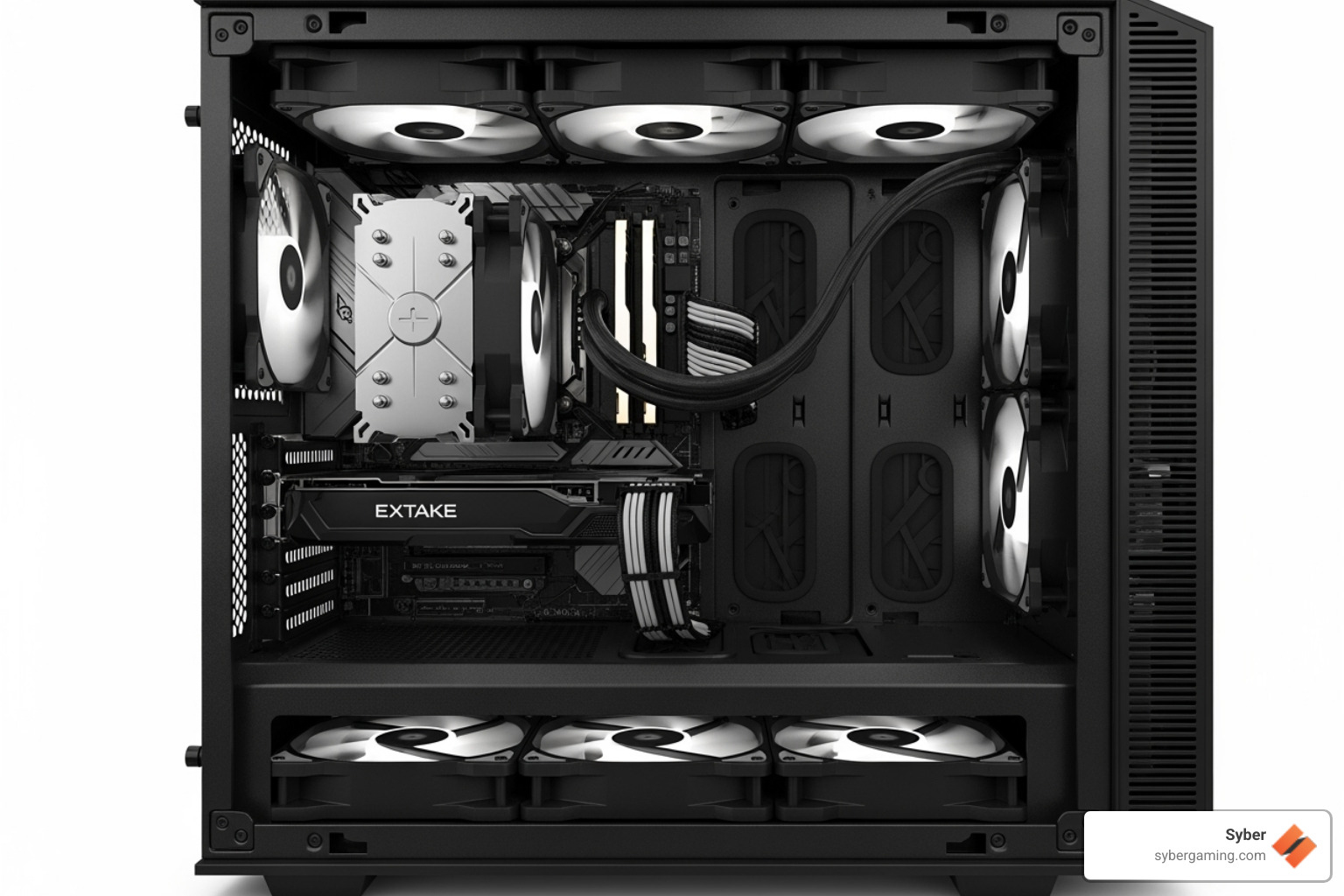 Diagram showing a cube style PC case with blue arrows indicating cool air intake from the front and bottom, and red arrows showing hot air exhaust from the rear and top, highlighting the optimal air-flow cooling path. - cube style pc cases