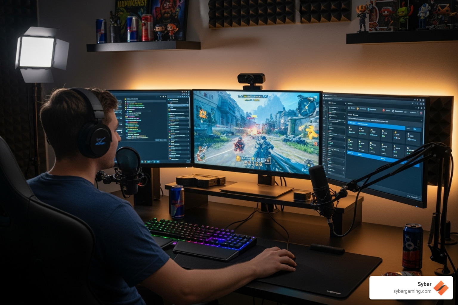 A streamer at their complete, professional-looking gaming setup - streaming pc specs 2025