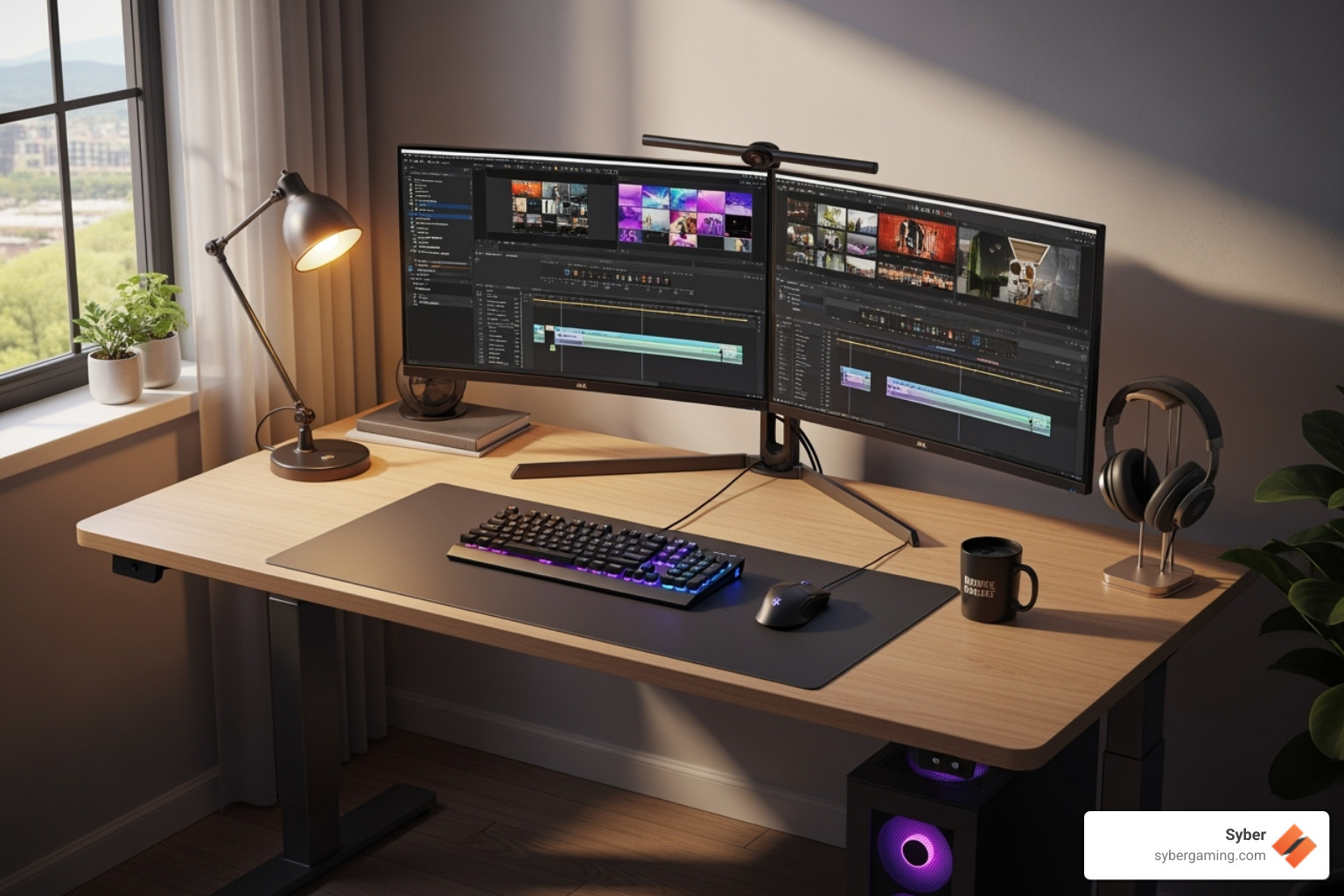 Multi-monitor setup displaying editing software - PC for content creation