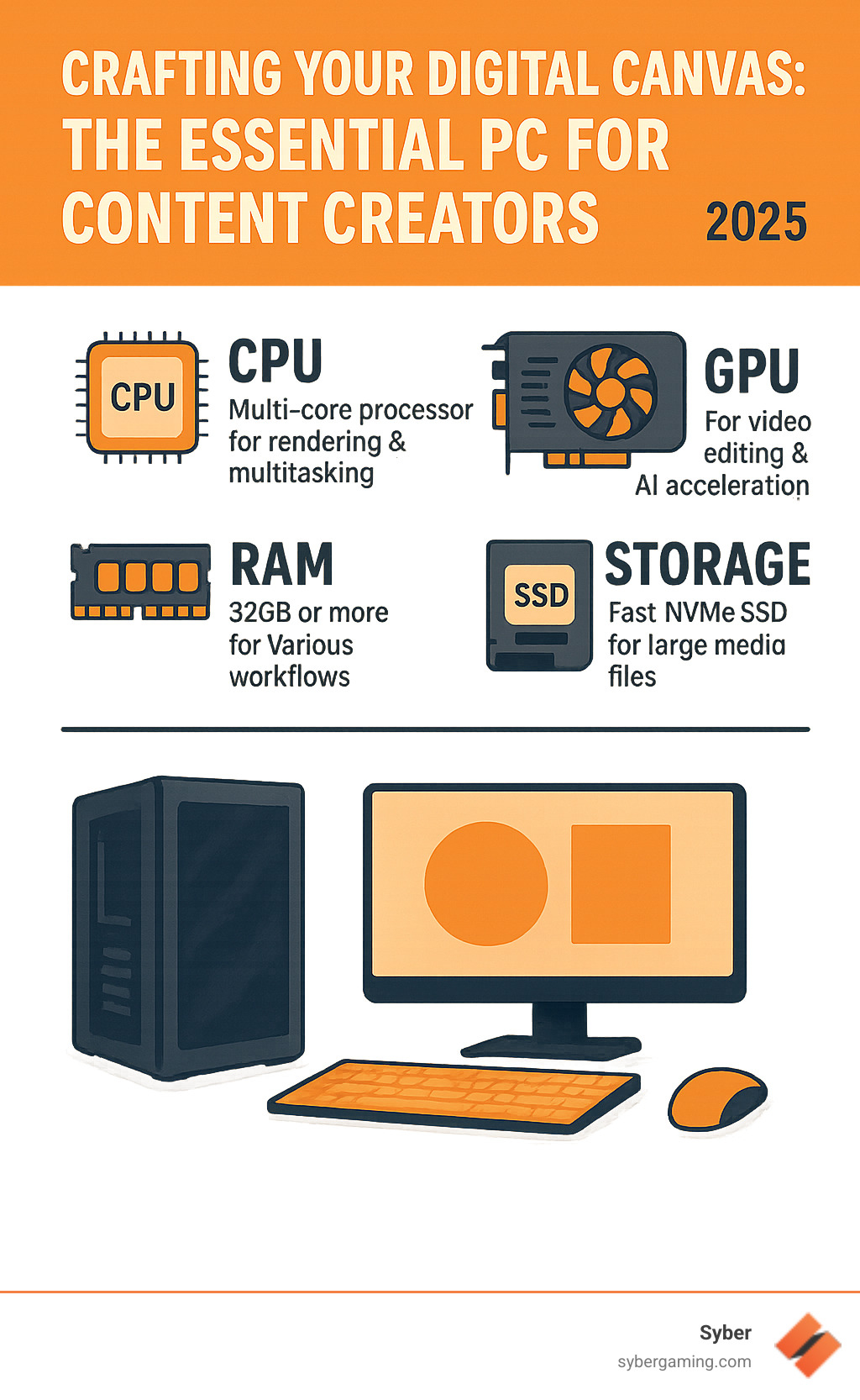 Detailed infographic showing essential PC components for content creation including CPU specifications for rendering, GPU requirements for video editing and AI acceleration, RAM capacity recommendations for different workflows, storage solutions for large media files, and monitor features for color-accurate visual work - PC for content creation infographic 