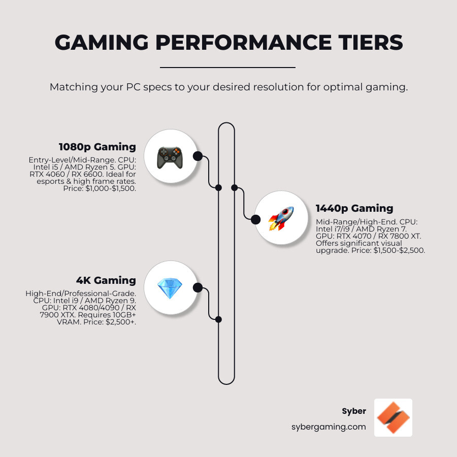 TABLE comparing recommended CPU, GPU, and RAM specs for Entry-Level (1080p), Mid-Range (1440p), and High-End (4K) gaming performance tiers - great gaming computer specs infographic infographic-line-3-steps-neat_beige