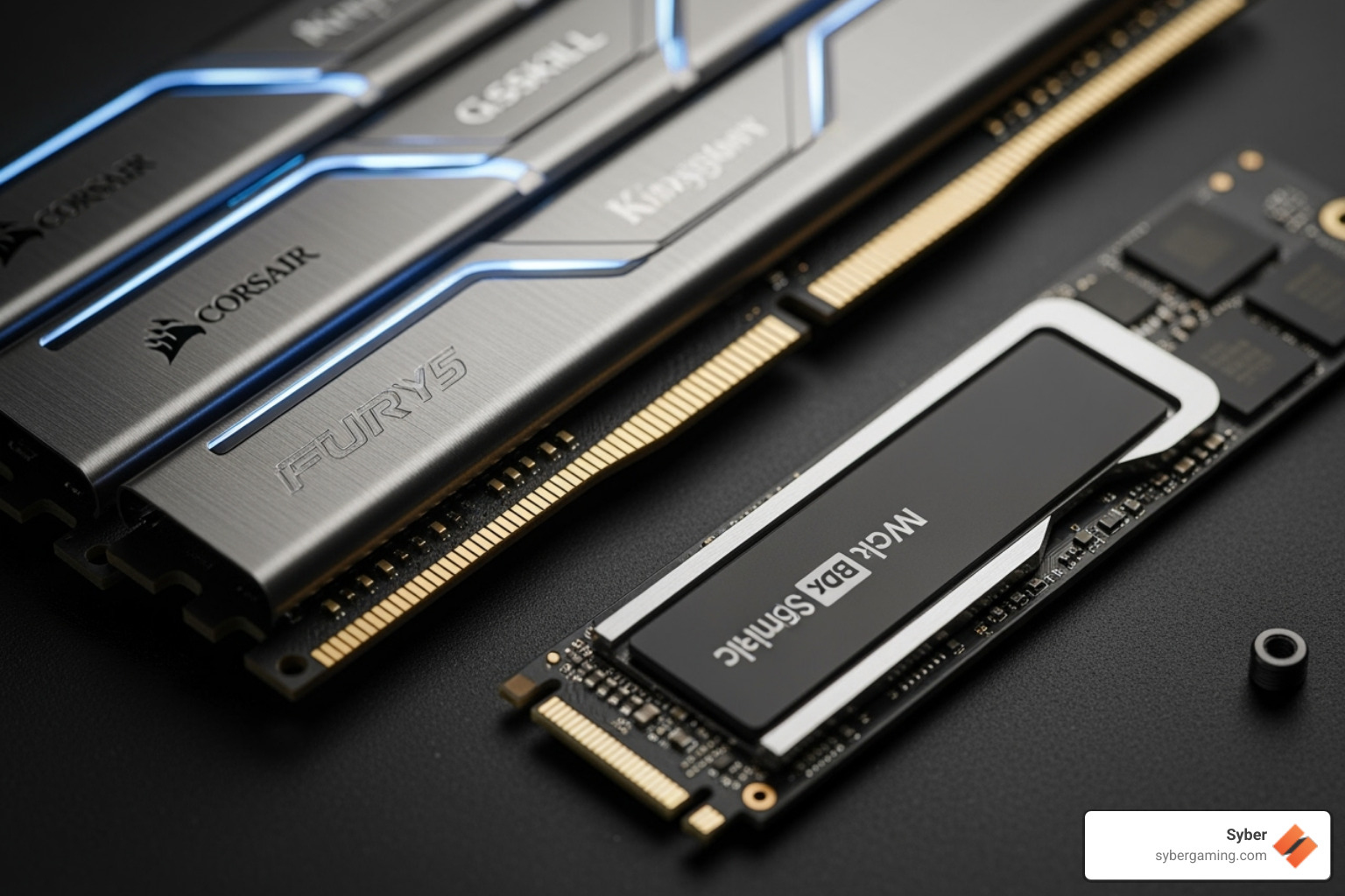 Image of DDR5 RAM sticks and an NVMe M.2 SSD - great gaming computer specs