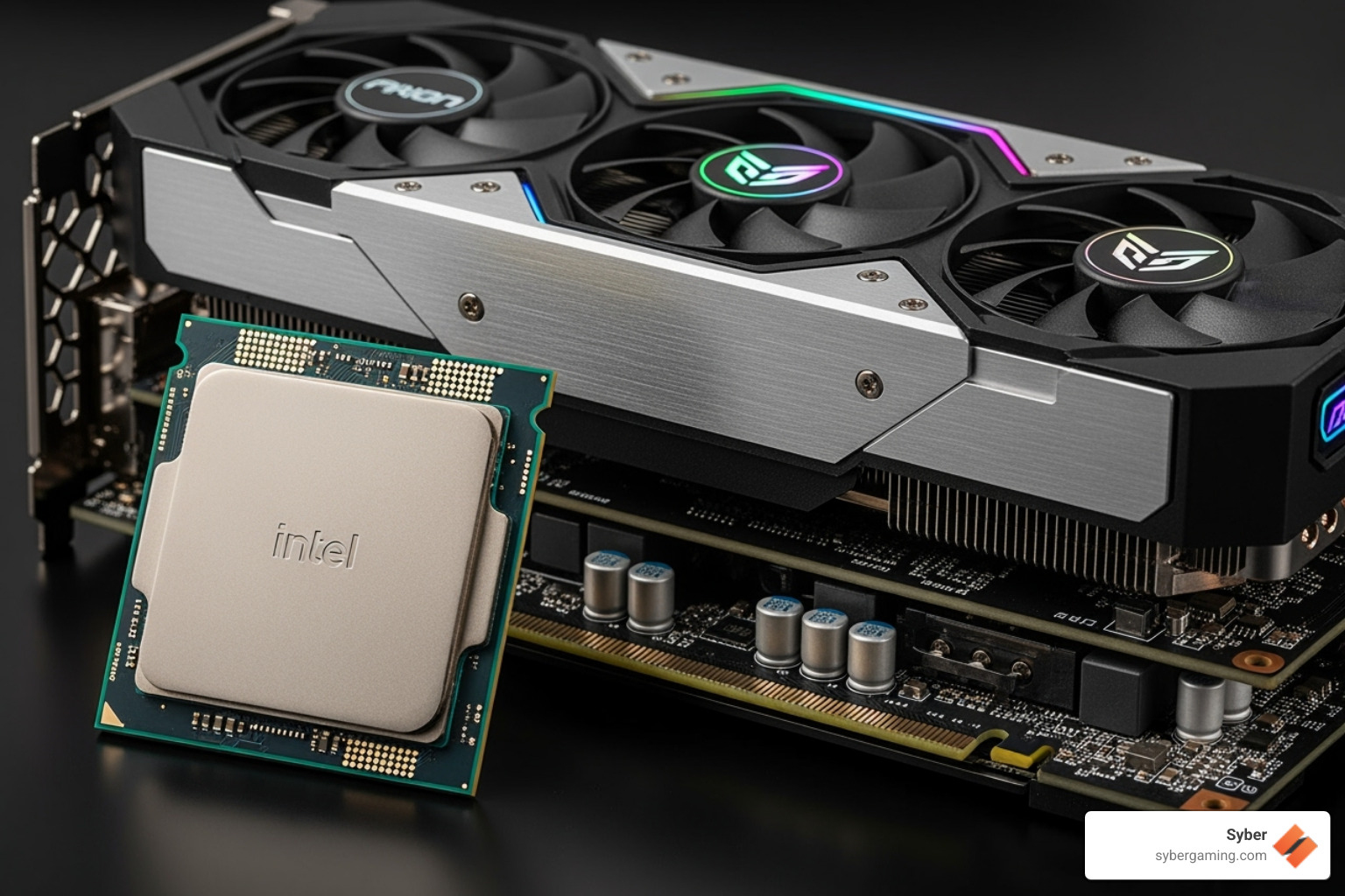 Image of a modern CPU next to a powerful graphics card - great gaming computer specs