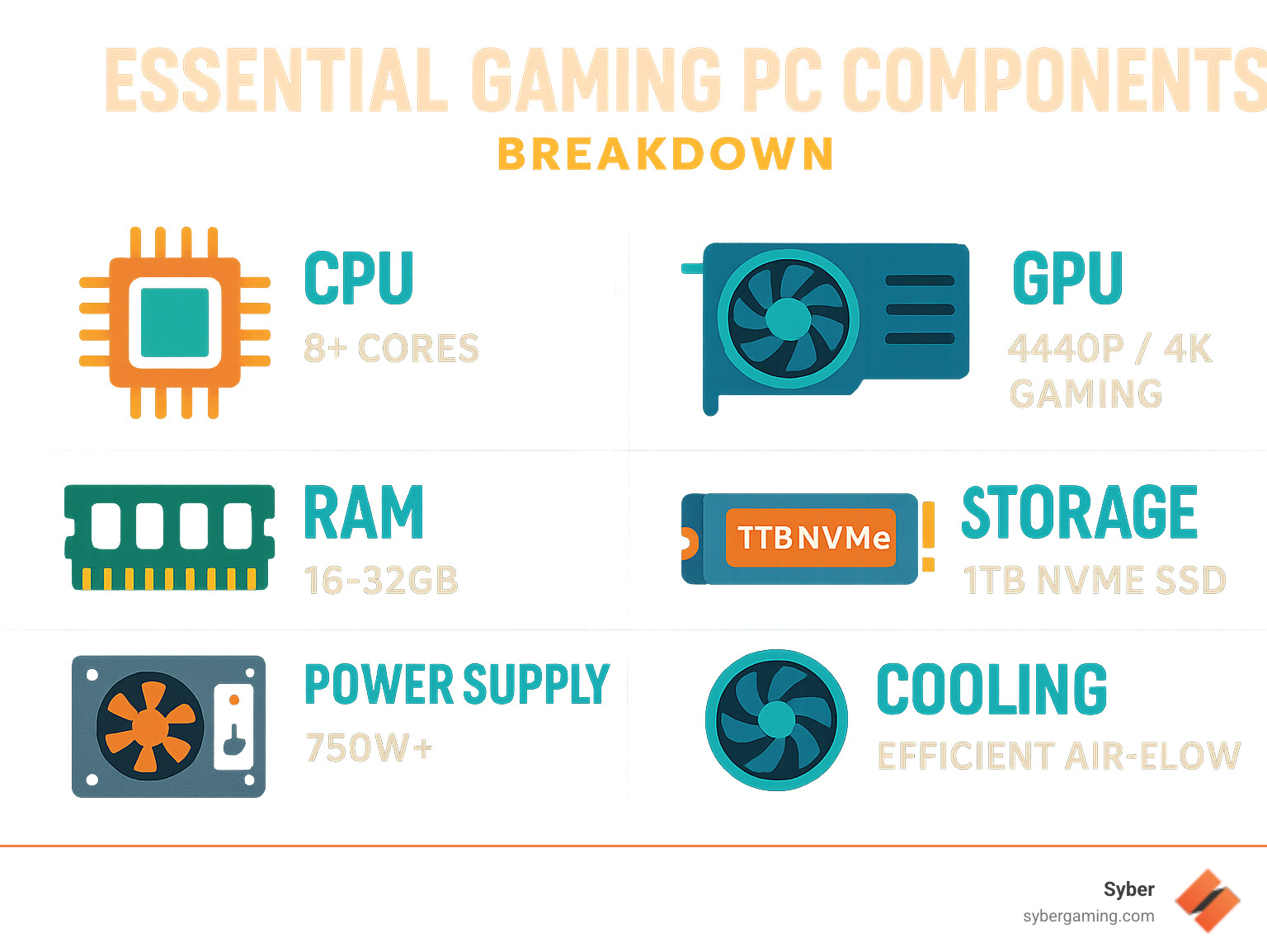 Essential gaming PC components breakdown showing CPU, GPU, RAM, storage, power supply, and cooling systems with performance requirements for each - great gaming computer specs infographic 