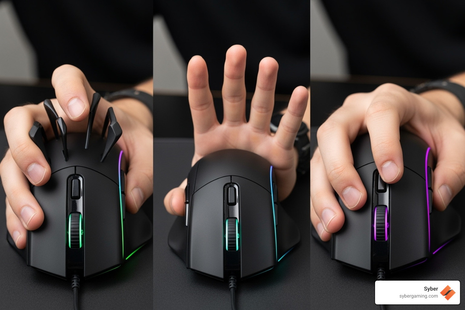 A side-by-side comparison of the three grip styles - palm, claw, and fingertip - from a user's perspective, clearly illustrating hand and finger placement - claw mouse grip A side-by-side comparison of the three grip styles - palm, claw, and fingertip - from a user's perspective, clearly illustrating hand and finger placement - claw mouse grip