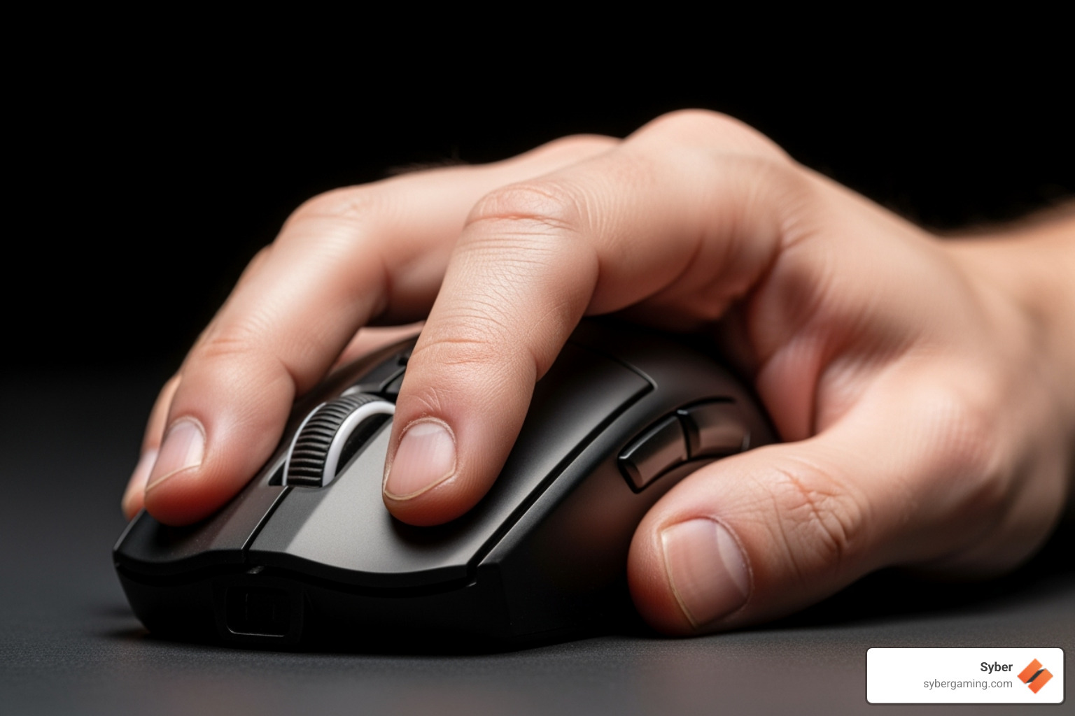 A hand correctly forming the claw grip, highlighting the arched fingers and palm anchor point - claw mouse grip