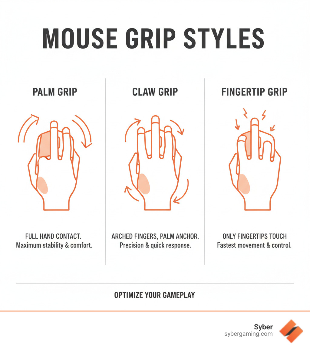 Detailed infographic showing the three mouse grip styles - palm grip with full hand contact, claw grip with arched fingers and palm anchor, and fingertip grip with only fingertips touching the mouse, including contact points and movement patterns for each style - claw mouse grip infographic 