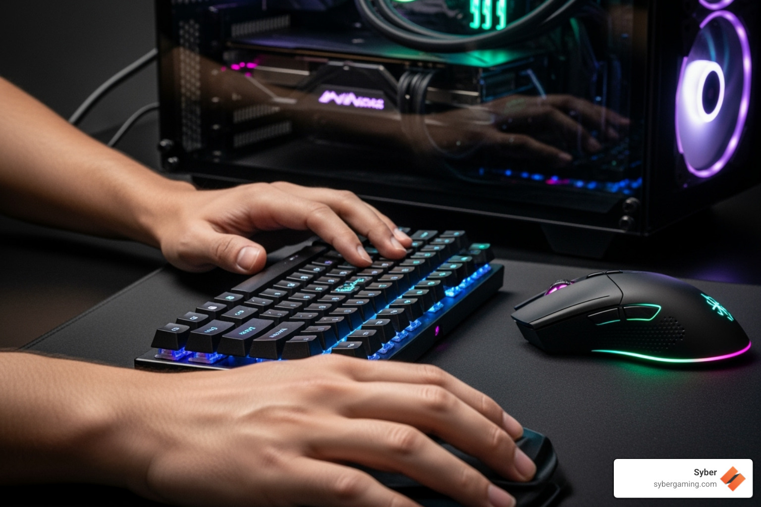 A close-up of a gamer's hands on a keyboard and mouse, with a high-performance gaming PC in the background, symbolizing engagement and control - Custom PC builder California