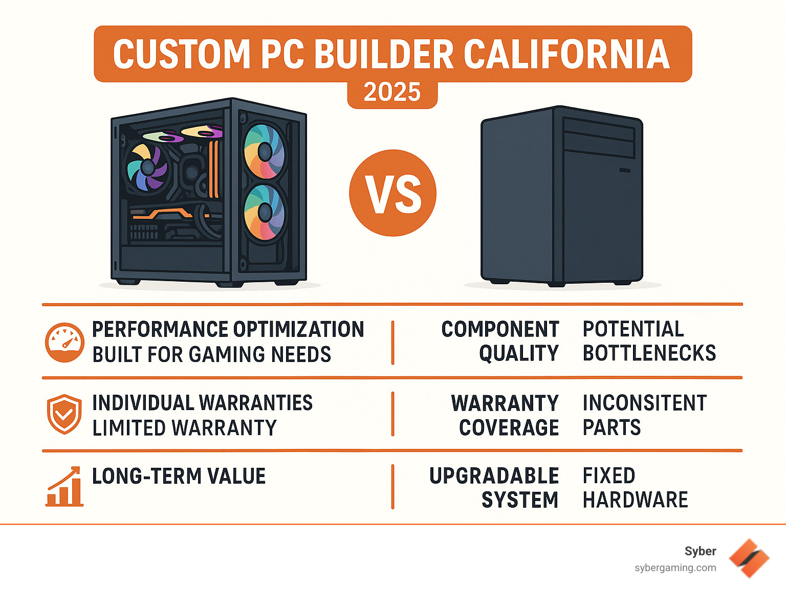 Detailed comparison infographic showing custom PC benefits vs pre-built computers, including performance optimization, component quality, warranty coverage, and long-term value for California gamers - Custom PC builder California infographic 