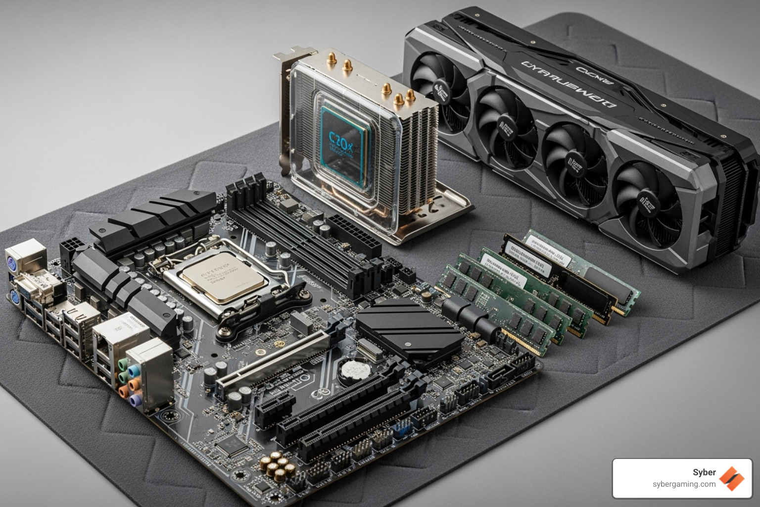 Key PC components like a CPU, GPU, motherboard, and RAM laid out on an anti-static mat, ready for assembly - Custom PC builder California