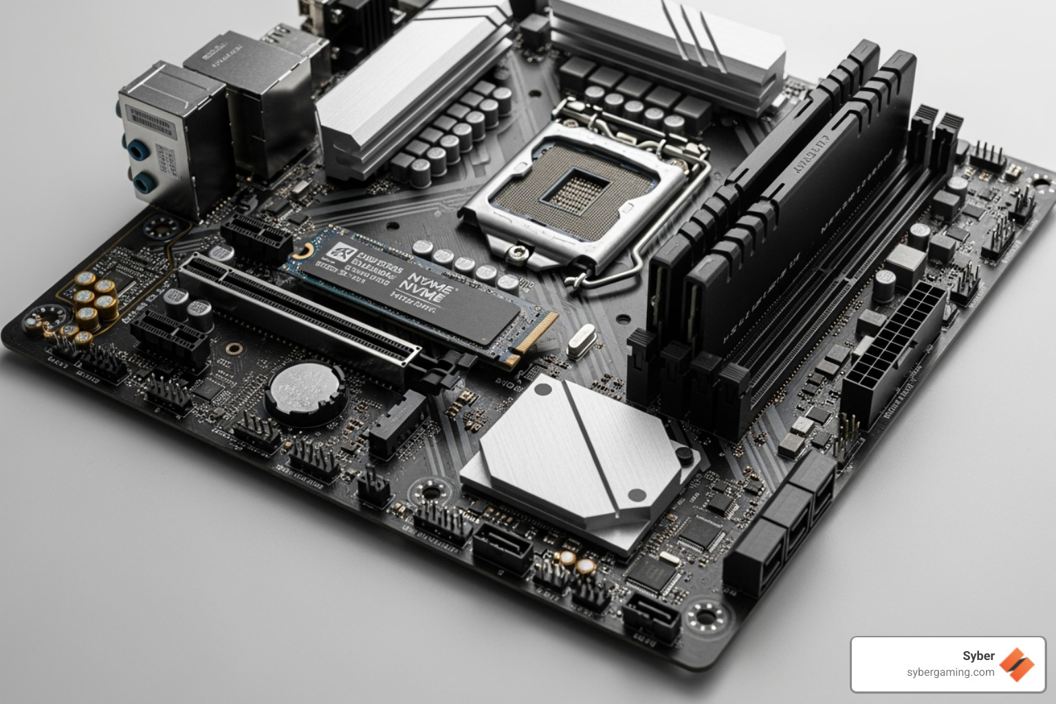 Internal Syber PC components like motherboard, RAM, and SSD laid out - gaming pc under $600