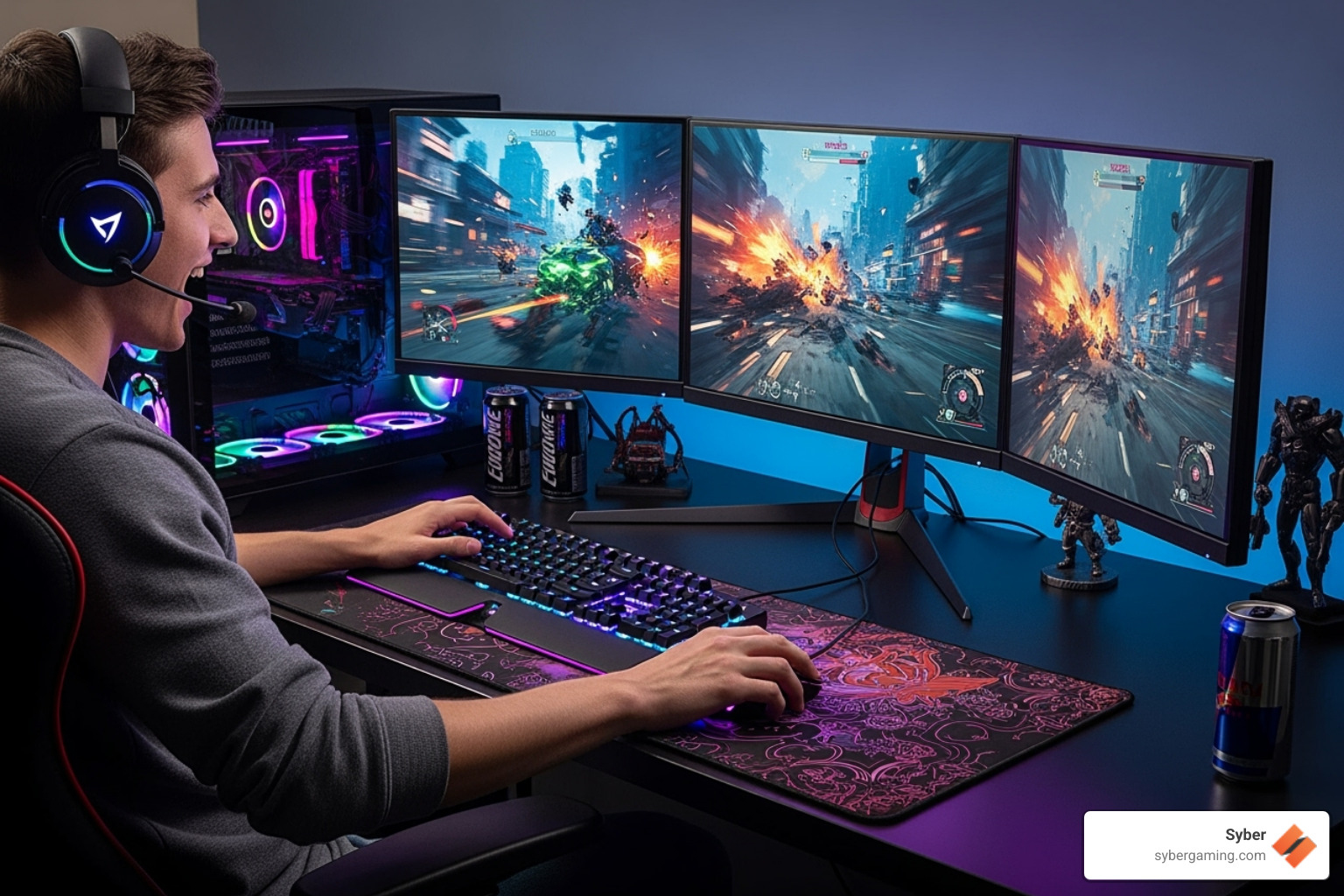 A person gaming enthusiastically at their desk - gaming pc under $600
