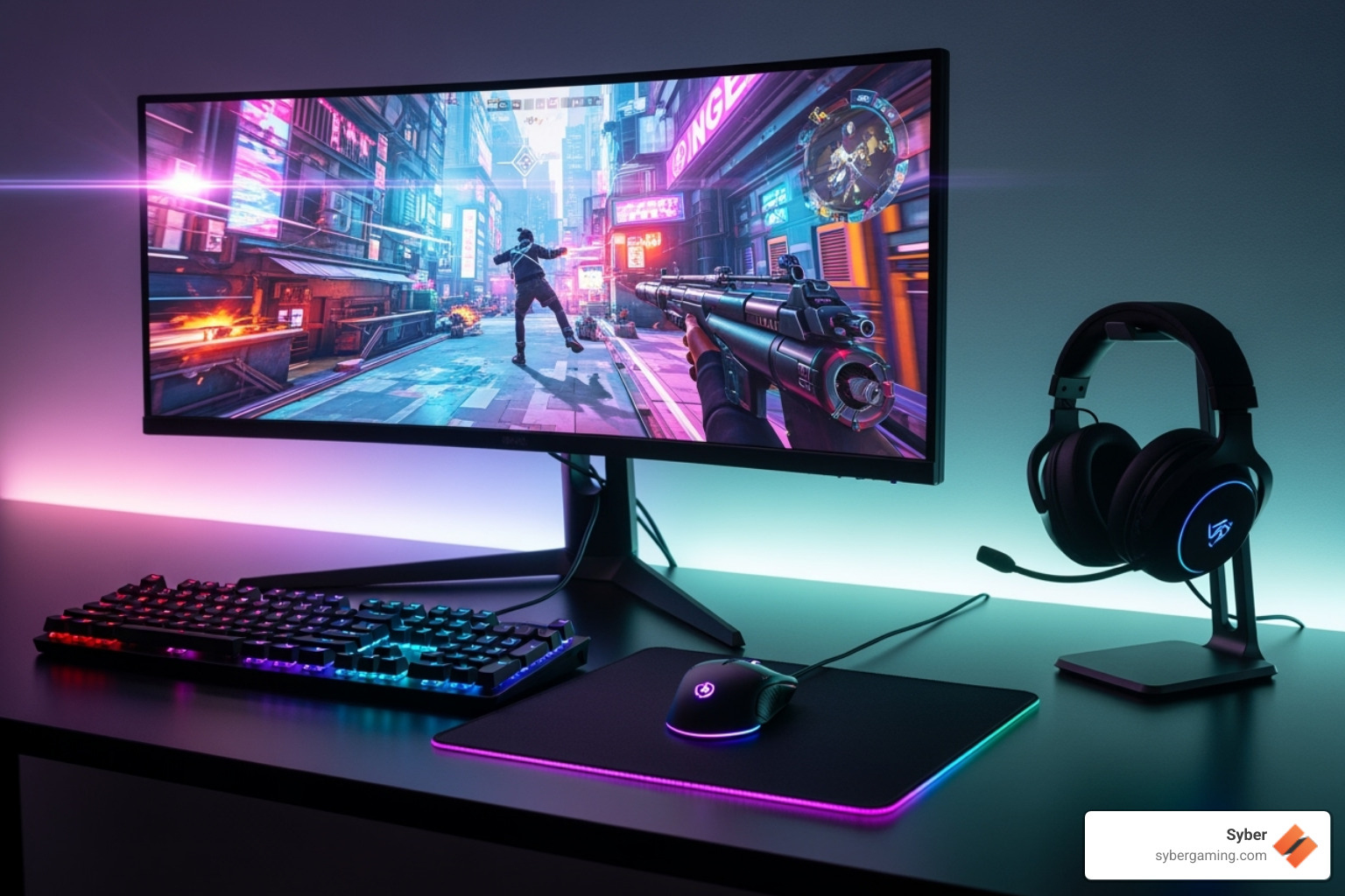 A full Syber gaming peripheral set: monitor, keyboard, mouse, and headset - gaming pc under $600
