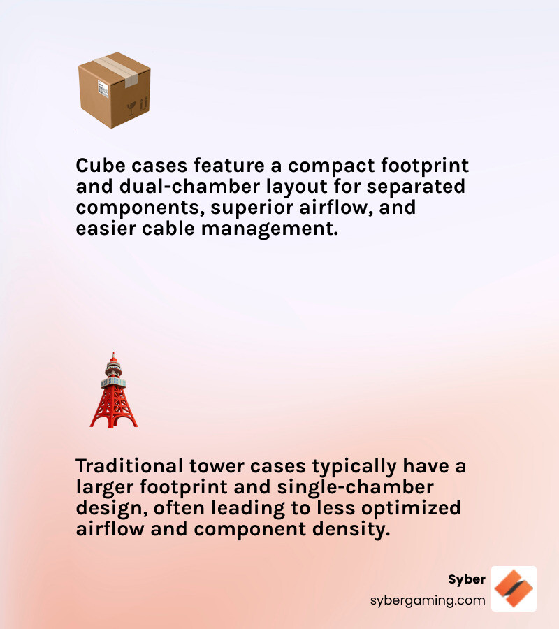 Comparison infographic showing cube PC case vs tower case footprint, internal layout, airflow paths, and component placement differences - cube pc case infographic 2_facts_light-gradient