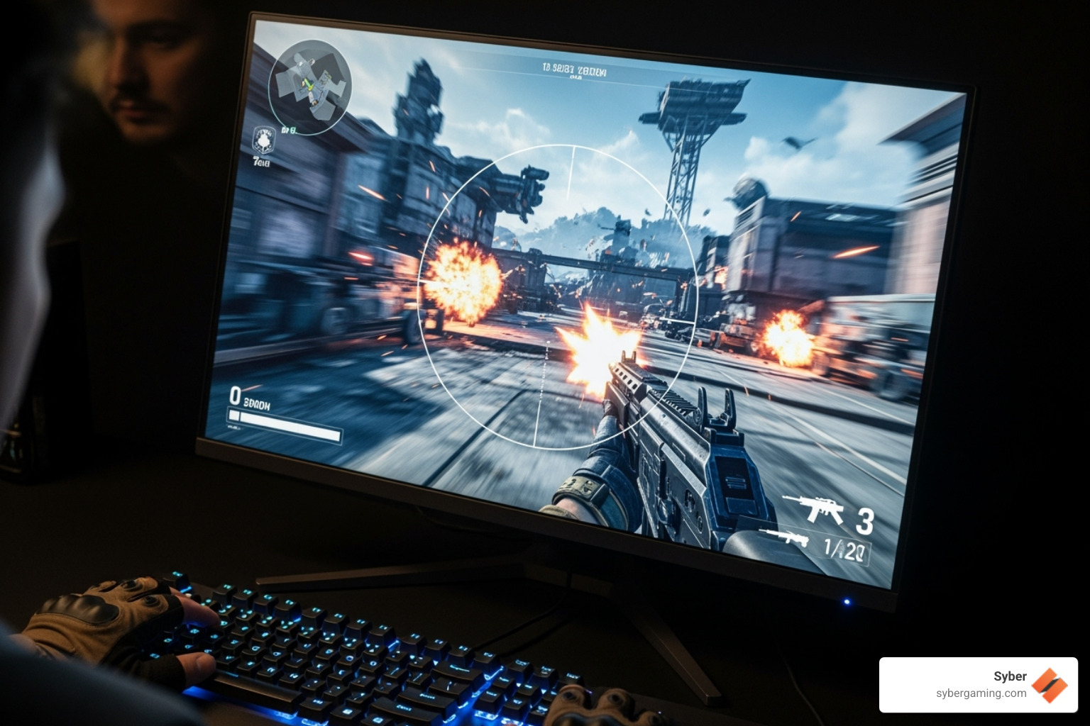 Screenshot of a first-person shooter game with a high-refresh-rate monitor displaying a  scene - powerful graphics card