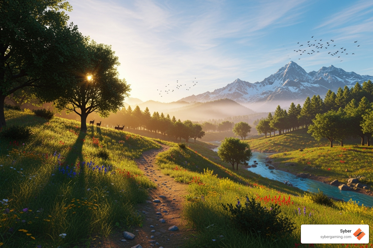 Vibrant, detailed open-world game scene with lush foliage, dynamic lighting, and expansive landscapes - powerful graphics card