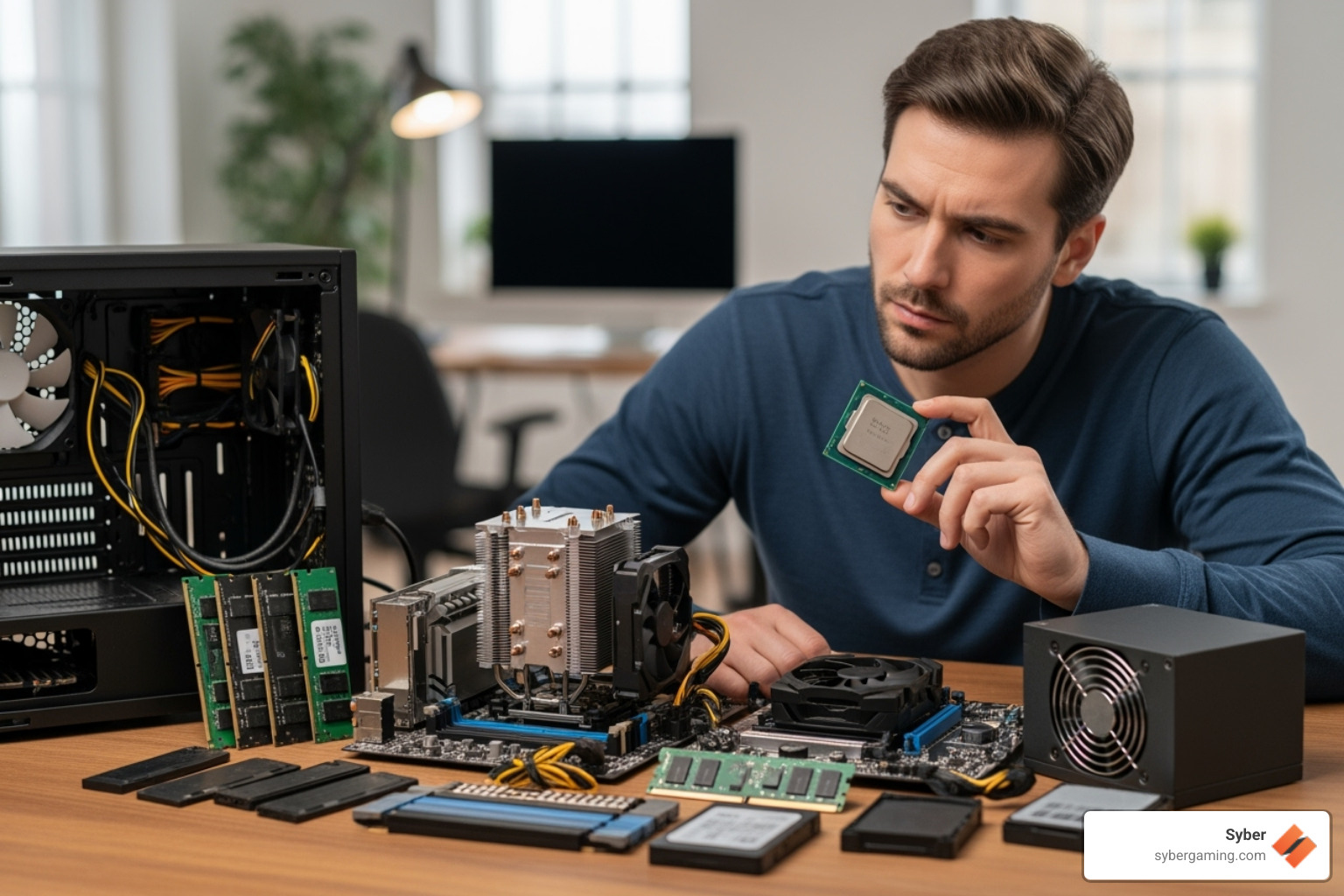 A person looking thoughtfully at a PC build with various components laid out on a table, symbolizing choices and considerations - powerful graphics card