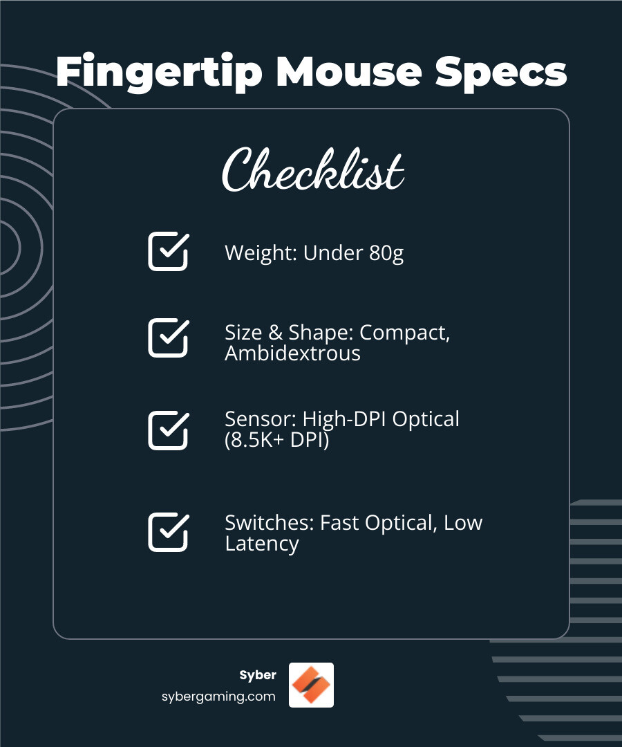 Detailed infographic comparing fingertip grip mouse characteristics including weight ranges, sensor specifications, optimal dimensions, and performance benefits for different game genres - gaming mouse for fingertip grip infographic checklist-dark-blue