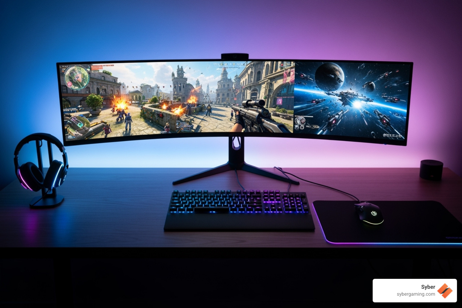 A complete high-performance gaming setup with a focus on the mouse, keyboard, and monitors - gaming mouse for fingertip grip
