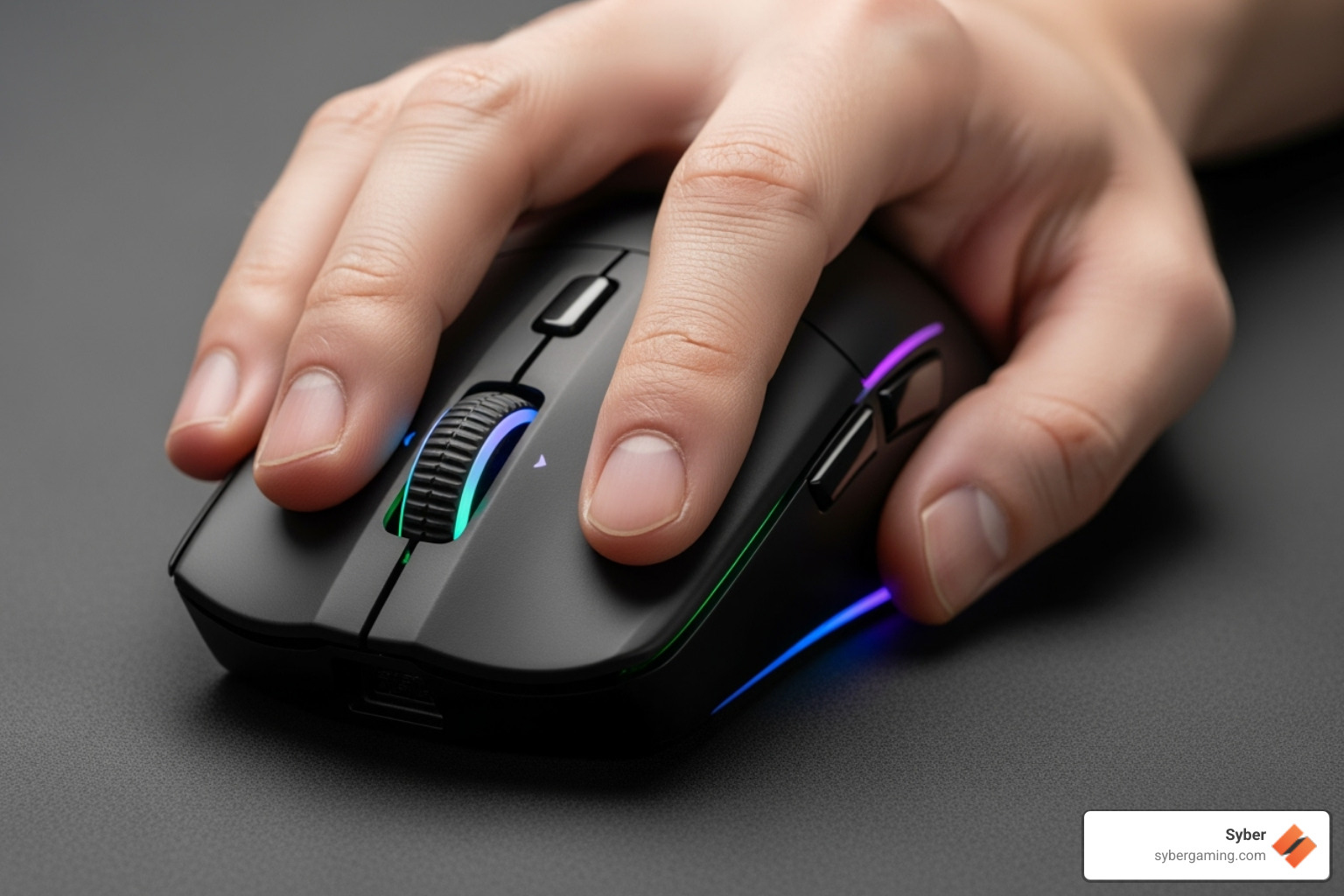 A gamer's hand demonstrating a fingertip grip on a gaming mouse - gaming mouse for fingertip grip