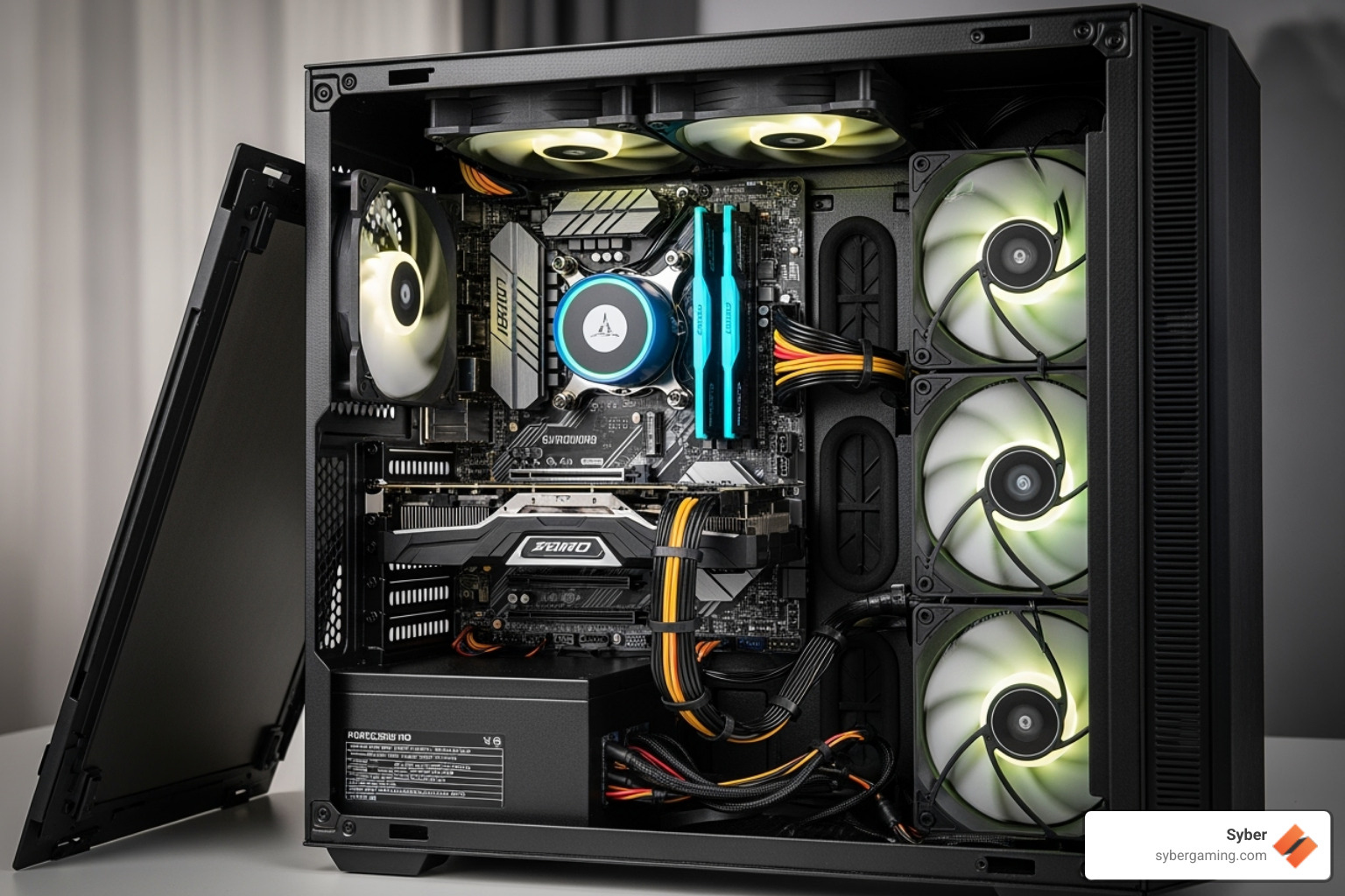 open PC case showing motherboard, fans, and PSU - how to understand gaming pc specs