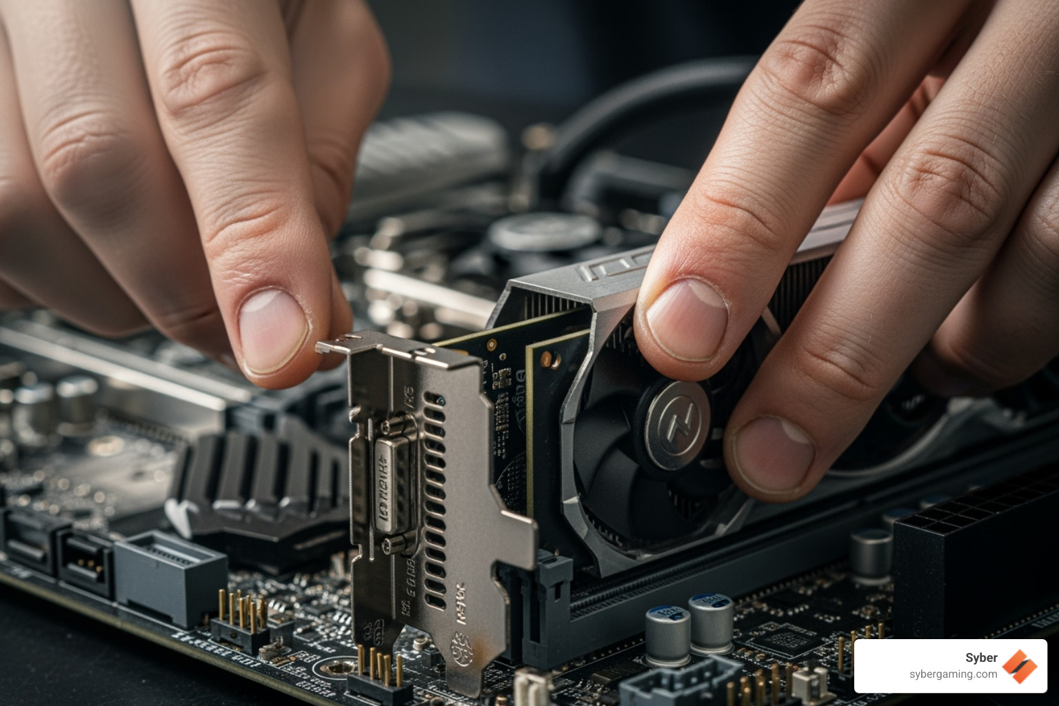 someone carefully installing a GPU into a motherboard's PCIe slot - Build your gaming PC
