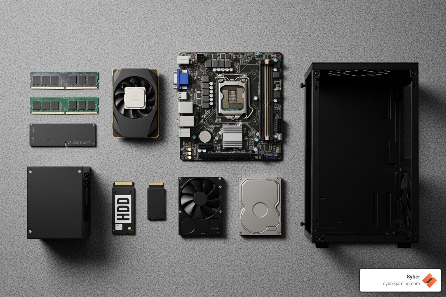 all essential PC components laid out neatly on an anti-static mat - Build your gaming PC