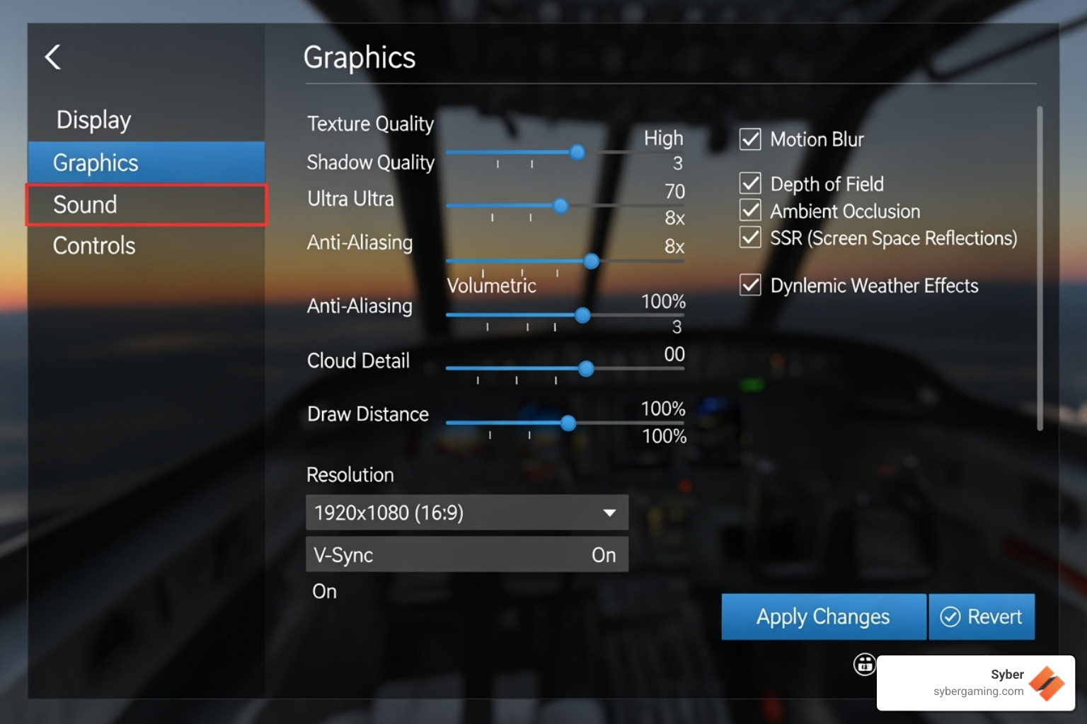 DCS World graphics settings screen highlighting key options - oculus quest 2 dcs world setup