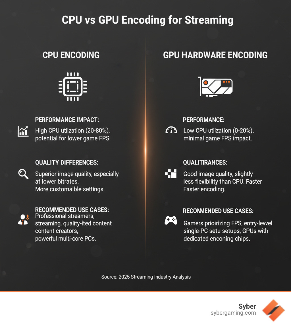 Detailed infographic showing CPU encoding vs GPU hardware encoding comparison for streaming, including performance impact, quality differences, and recommended use cases for each method - Best CPU for streaming infographic  Detailed infographic showing CPU encoding vs GPU hardware encoding comparison for streaming, including performance impact, quality differences, and recommended use cases for each method - Best CPU for streaming infographic