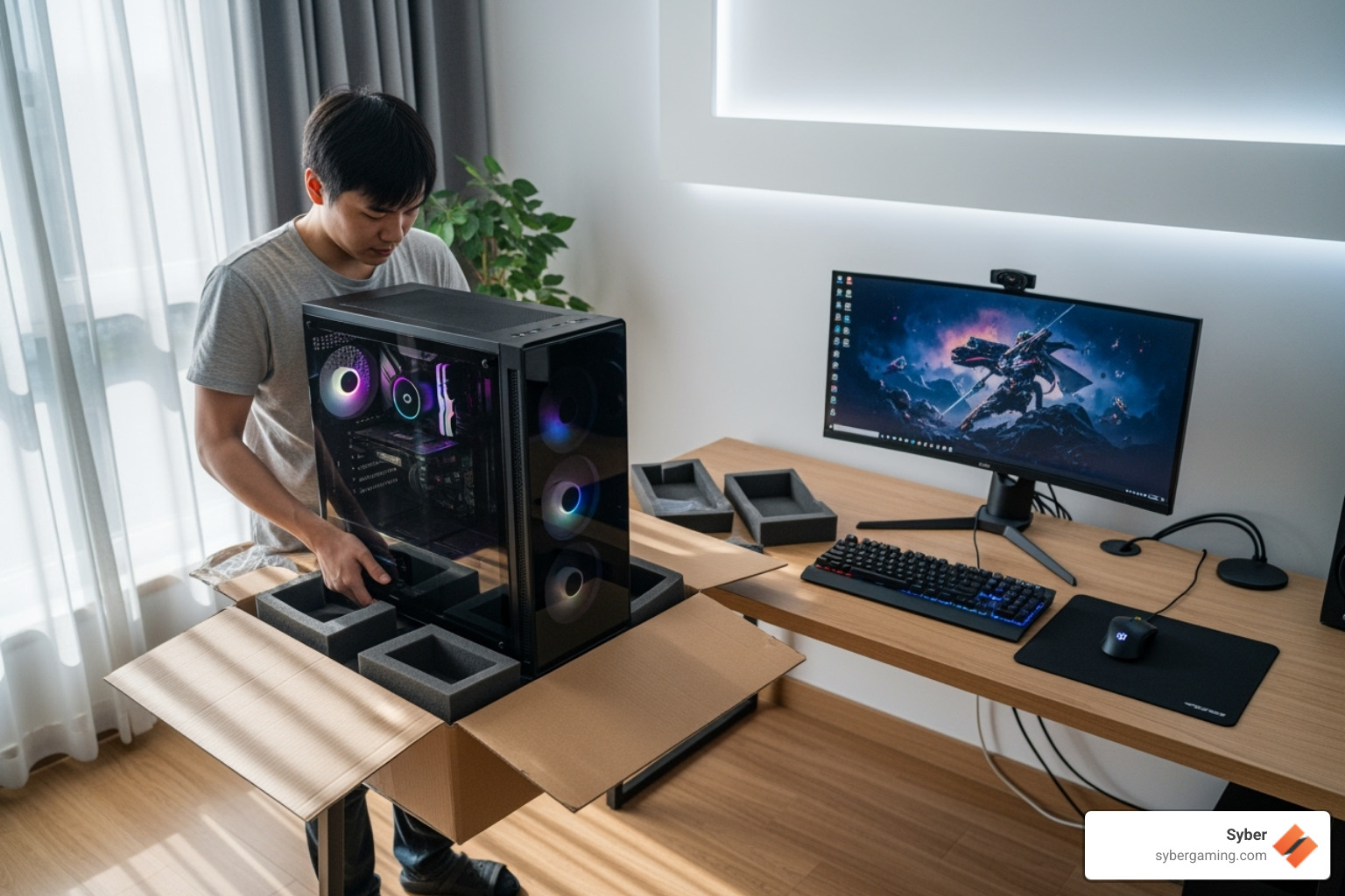 Person unboxing and setting up their new Syber pre-built gaming PC - Streamer PC bundle Person unboxing and setting up their new Syber pre-built gaming PC - Streamer PC bundle