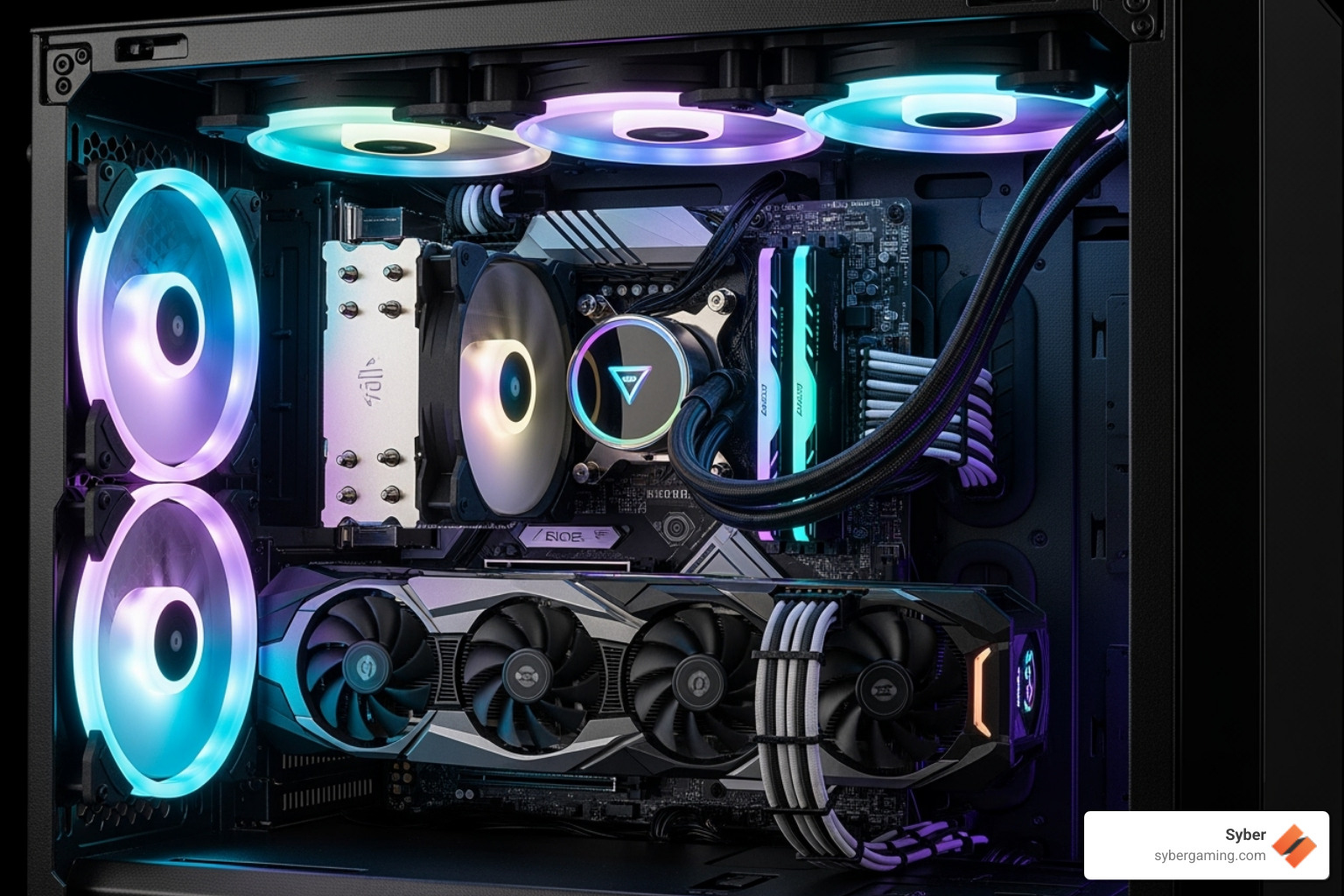 Syber flagship gaming PC highlighting its air-flow cooling system - Streamer PC bundle Syber flagship gaming PC highlighting its air-flow cooling system - Streamer PC bundle