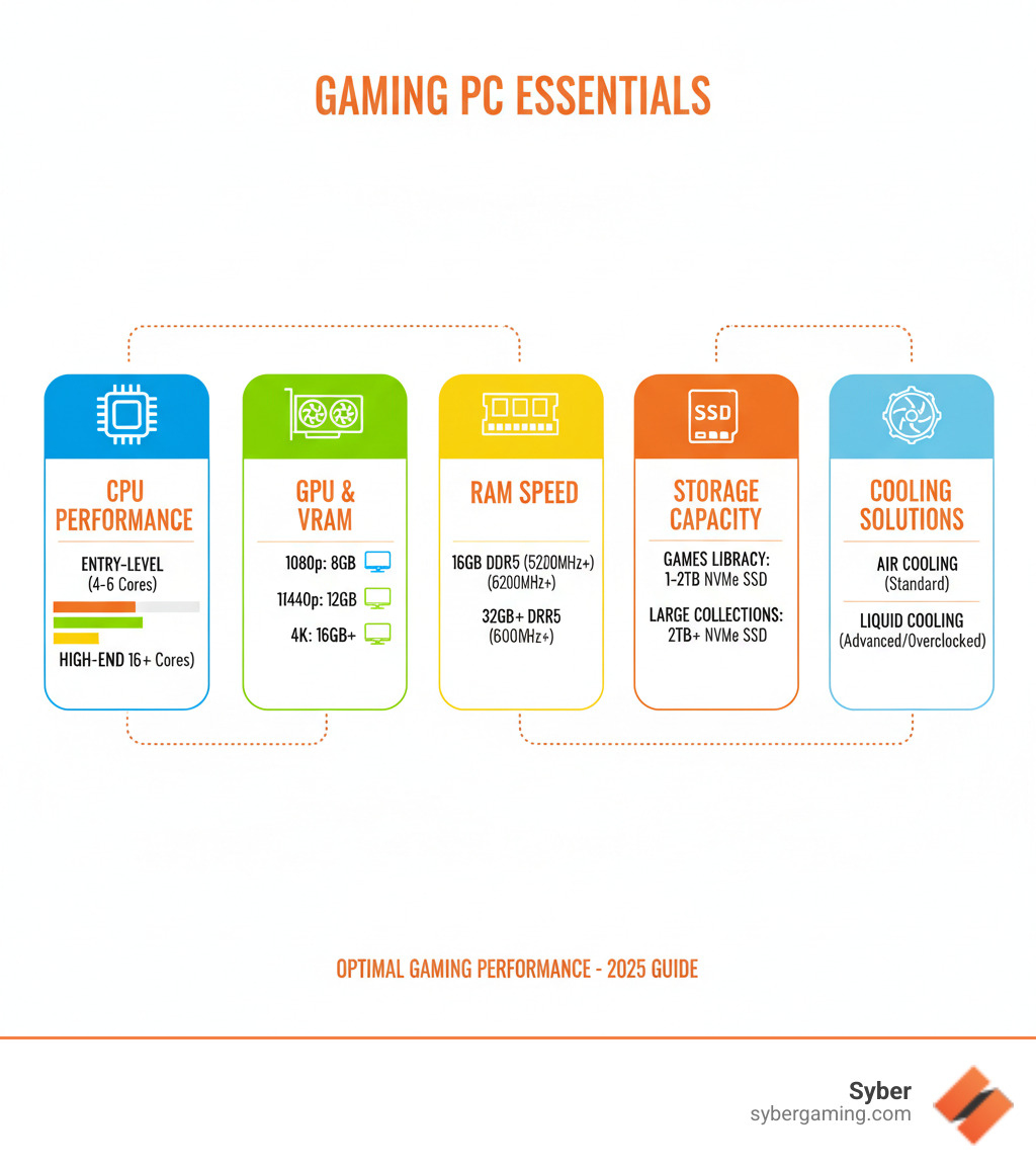 Comprehensive breakdown of essential gaming PC components including CPU performance tiers, GPU specifications with VRAM requirements, RAM speed recommendations, storage capacity guidelines, and cooling solution comparisons for optimal gaming performance - brand new gaming computer infographic  Comprehensive breakdown of essential gaming PC components including CPU performance tiers, GPU specifications with VRAM requirements, RAM speed recommendations, storage capacity guidelines, and cooling solution comparisons for optimal gaming performance - brand new gaming computer infographic